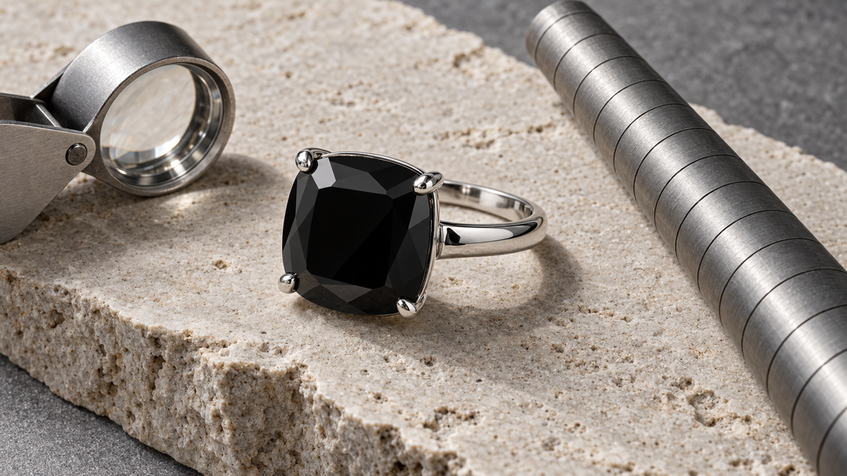 Illustrative silver-tone ring with a black stone beside a loupe and ring mandrel; not a verified depiction of listed products, materials or dimensions.