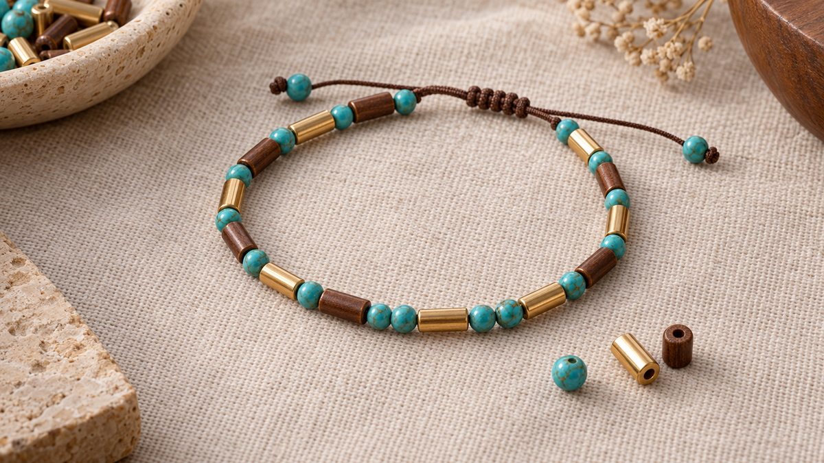 Illustrative beaded bracelet on linen; not a verified depiction of listed products, materials or an accurately encoded Morse message.