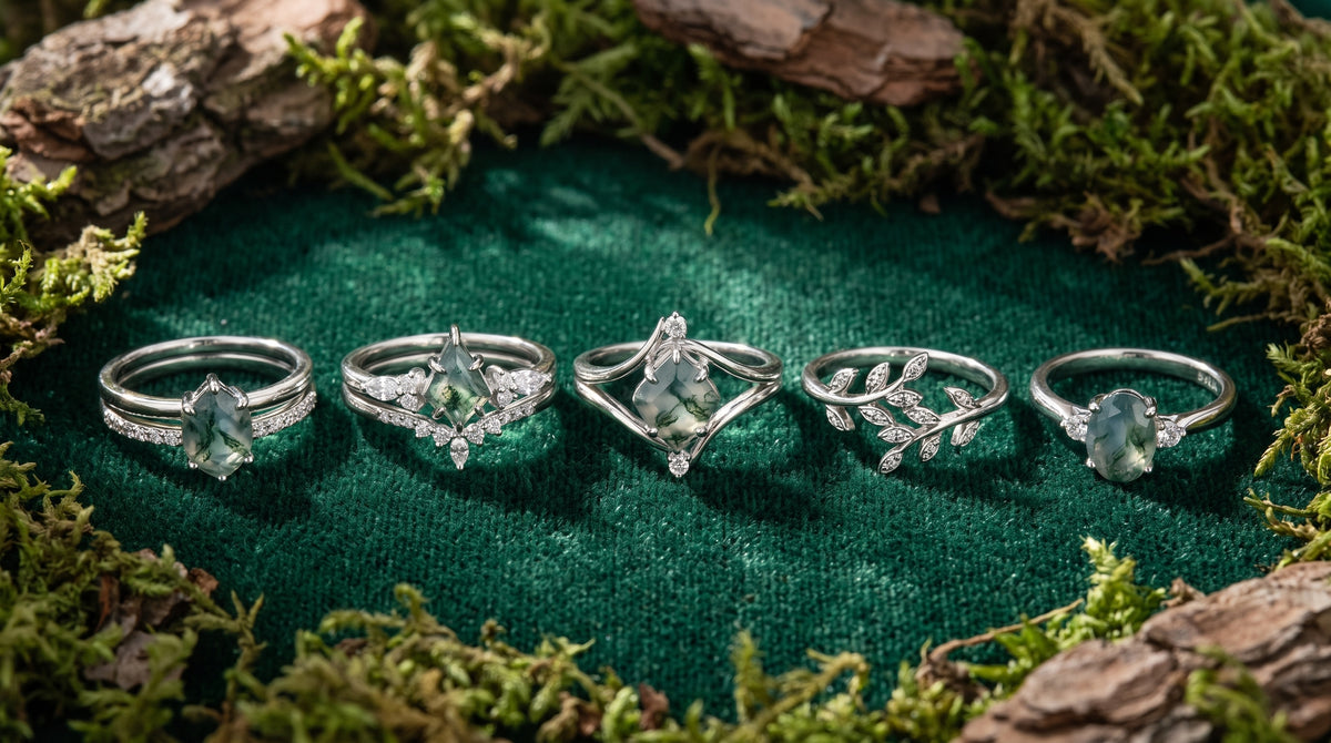 moss agate engagement ring silver editorial image