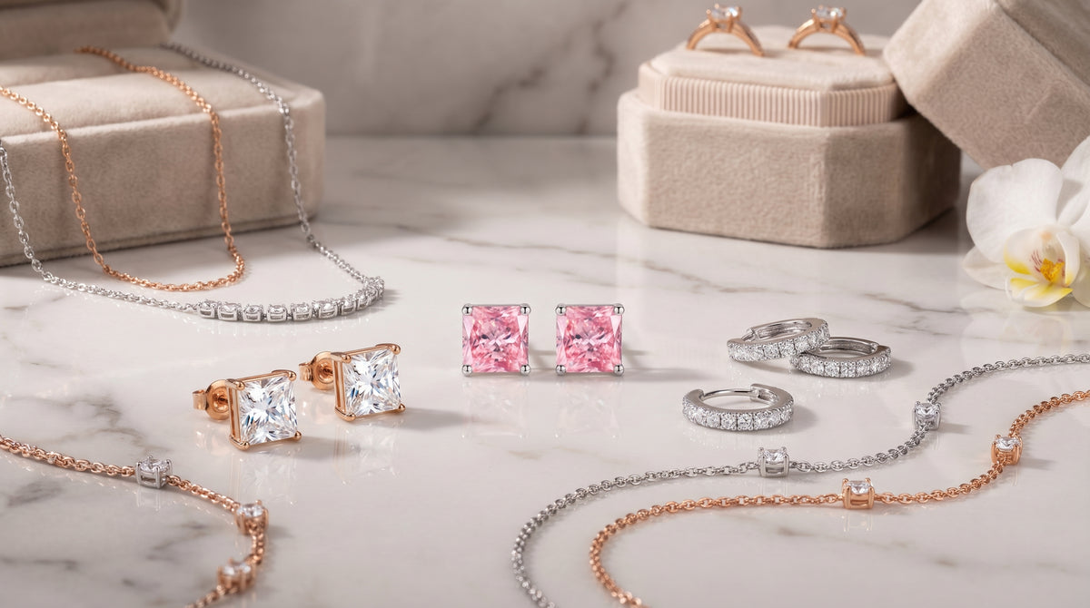 princess cut moissanite earrings editorial image