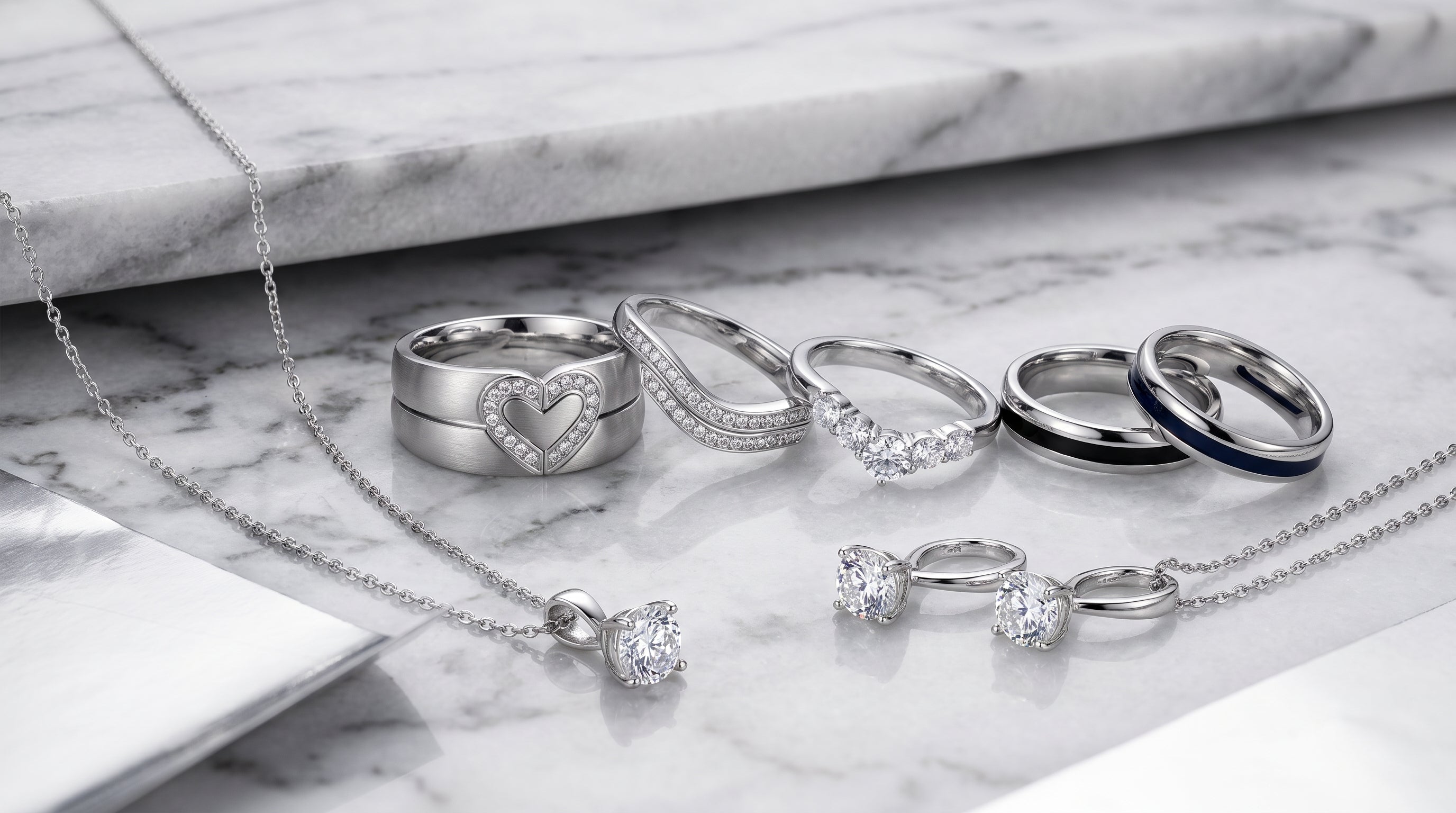 silver couples ring set editorial image