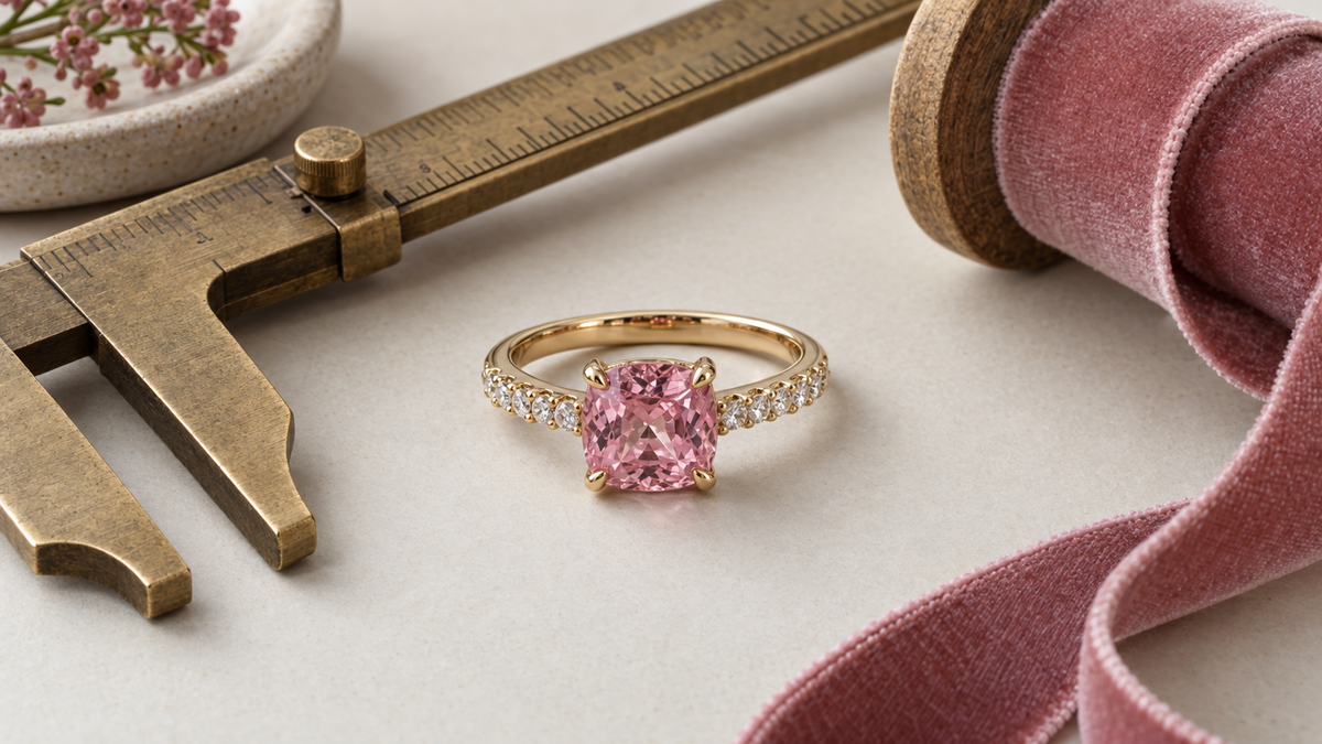 Illustrative gold-tone ring with a pink center stone beside a caliper and ribbon; not a verified depiction of listed products or their materials or dimensions.