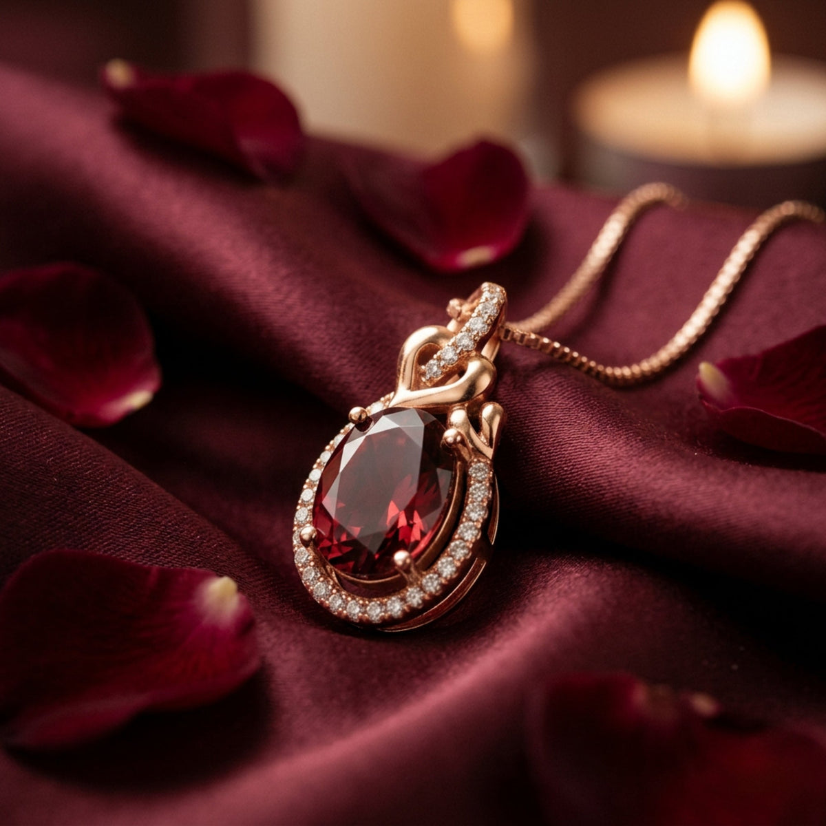 Rose gold-toned pendant necklace with an oval red gemstone set on burgundy silk surrounded by rose petals.