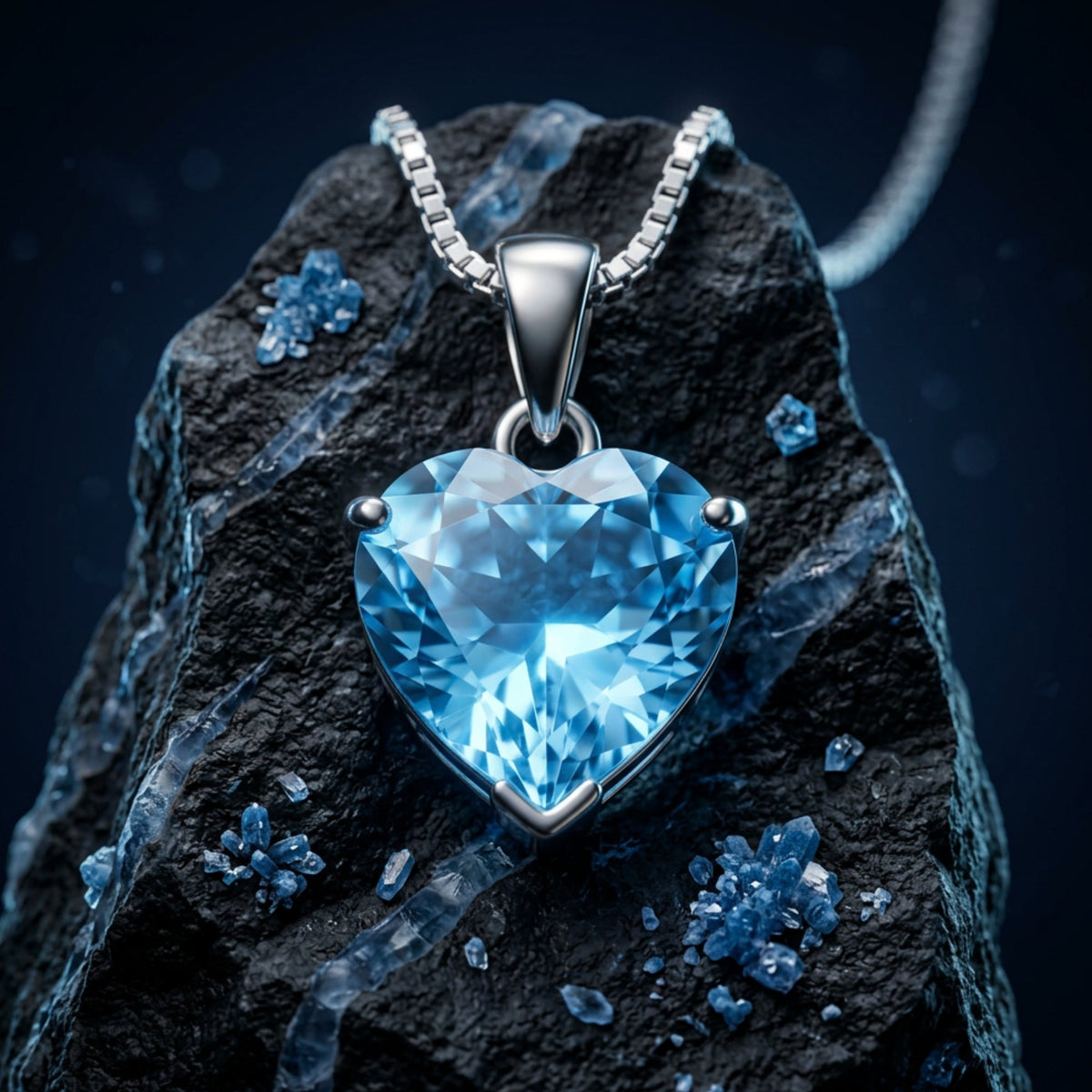 Heart-shaped blue gemstone pendant in a silver-toned setting on textured black rock with blue crystal fragments.