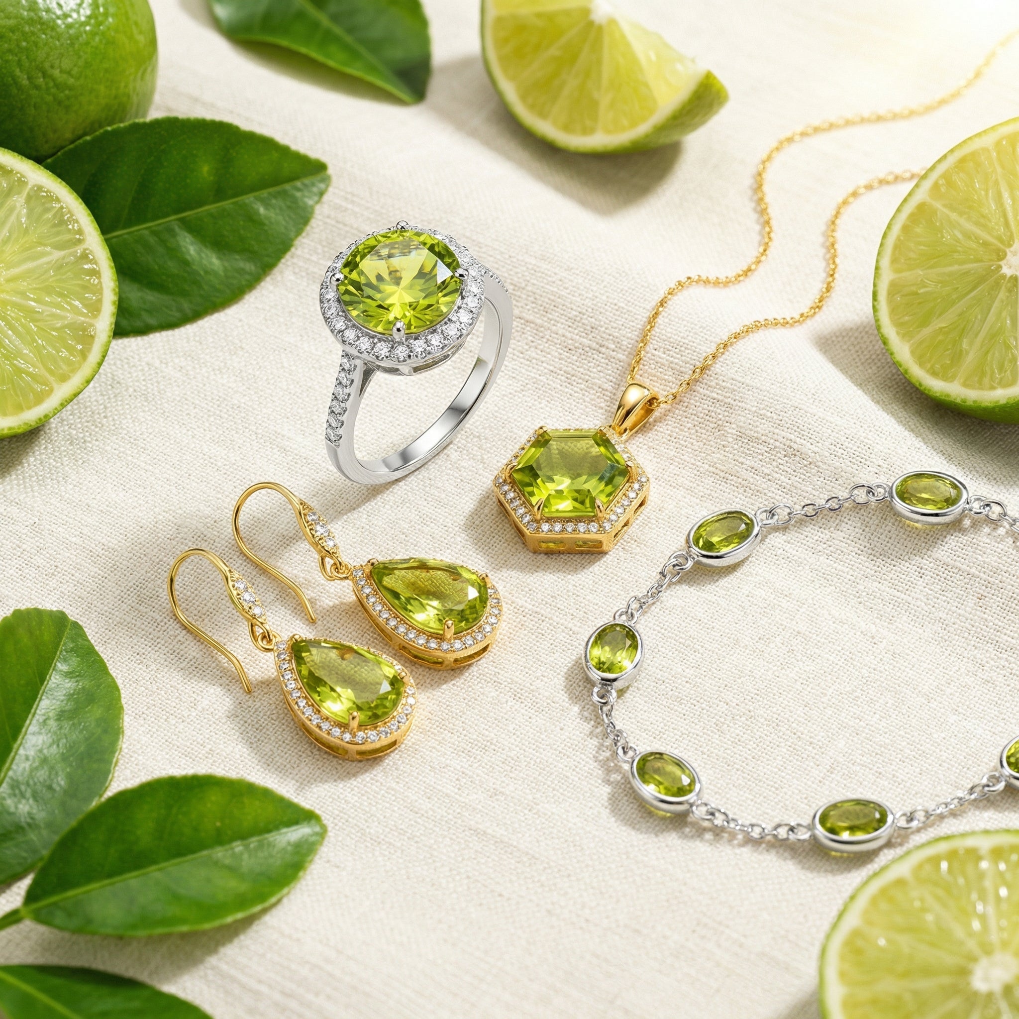 Gold-toned and silver-toned jewelry with lime-green gemstones arranged with lime slices on linen.