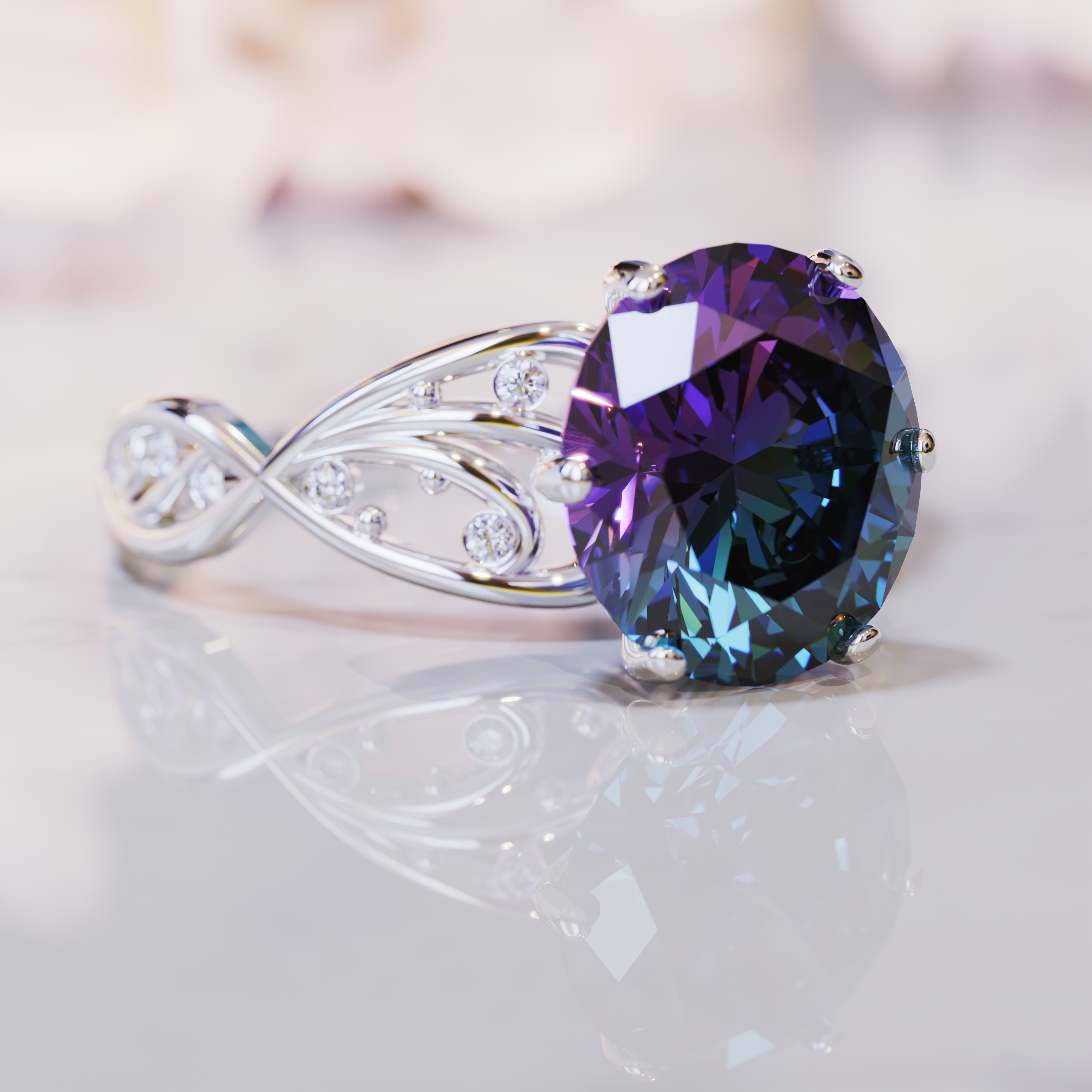 Silver-toned ring with a large oval purple-and-teal gemstone and small accent stones on a filigree band.