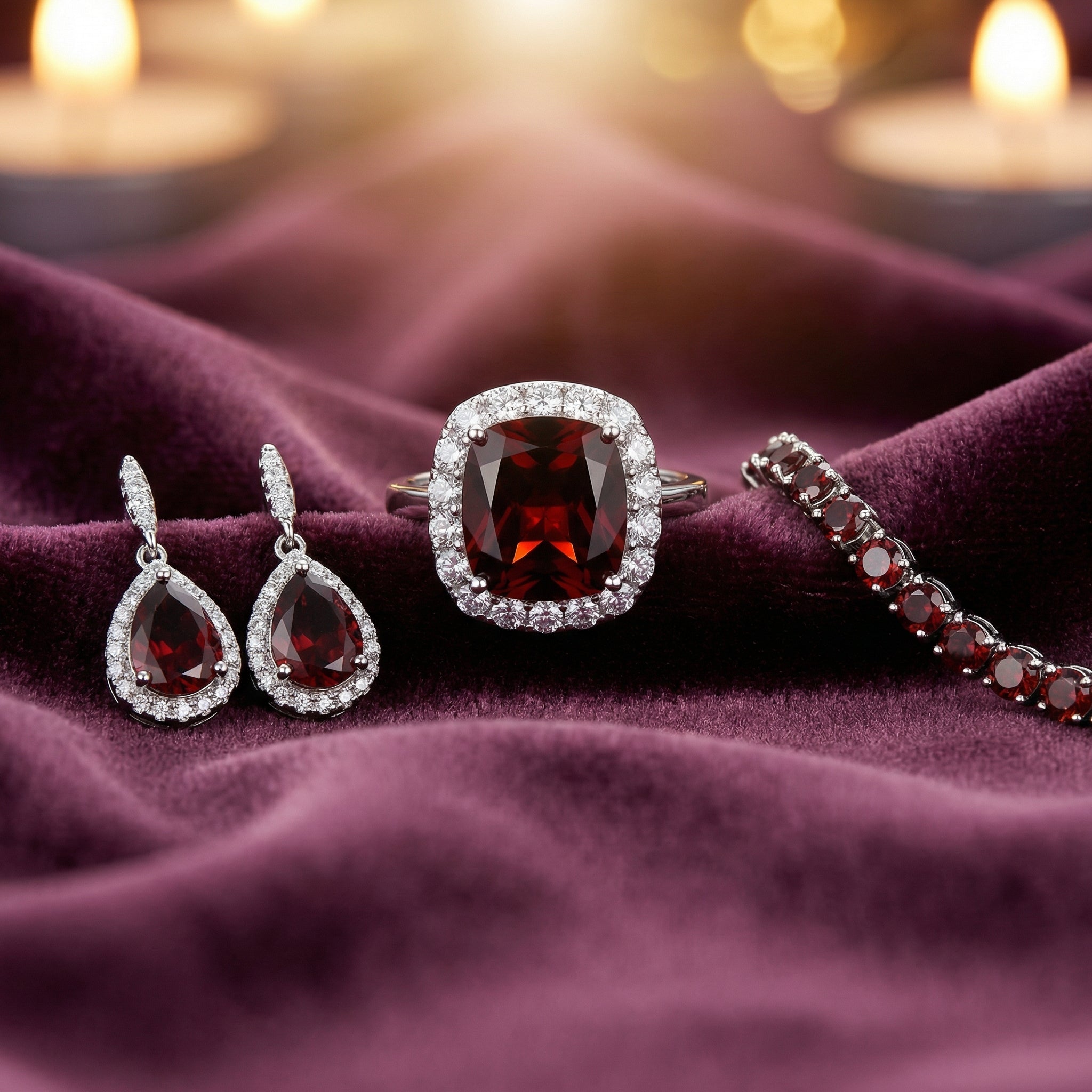Silver-toned ring, matching drop earrings and bracelet with deep red gemstones on purple velvet.
