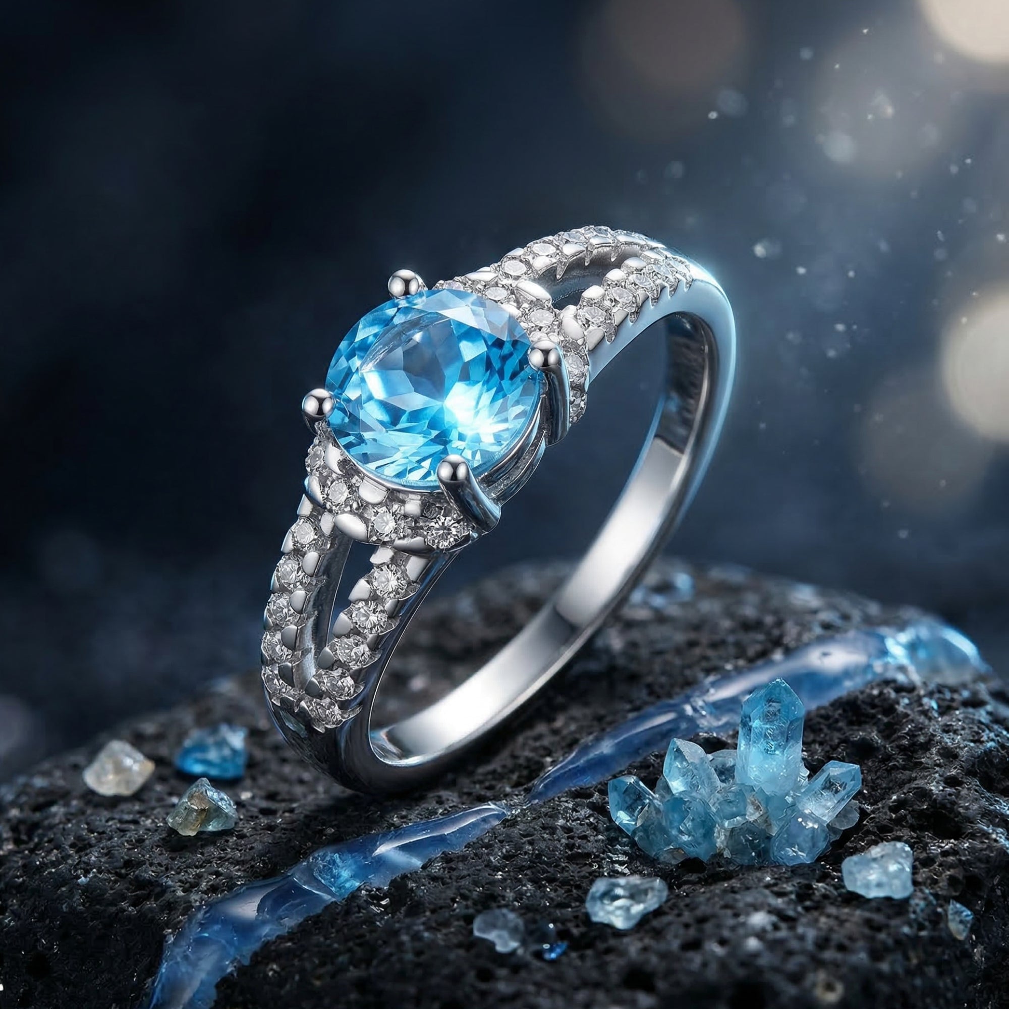 Round blue topaz sterling silver ring with cubic zirconia accents on a dark volcanic rock lifestyle background.