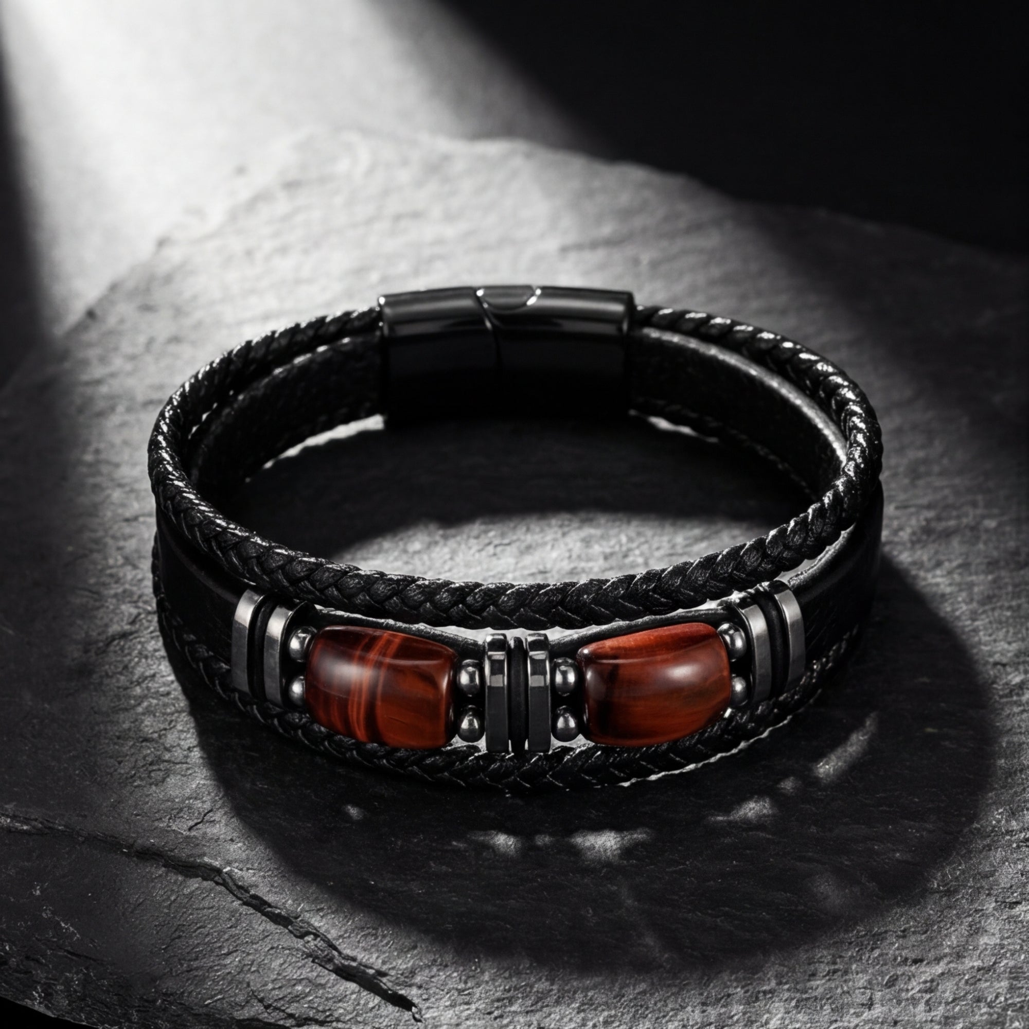 Black braided leather bracelet with red-toned accents and black stainless steel clasp on a dark stone background.