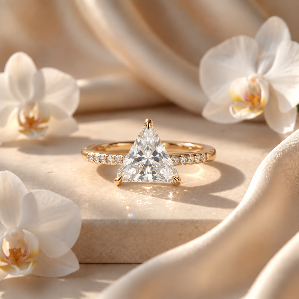 Yellow gold triangle-cut moissanite ring with a pavé band resting on a beige surface with white orchids.