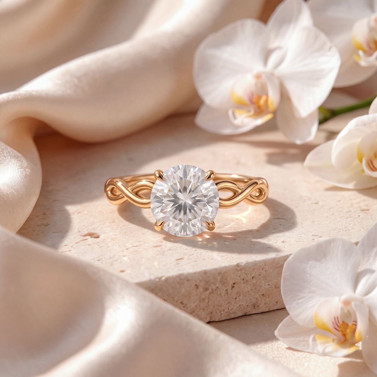 Round solitaire moissanite engagement ring with a twisted infinity band set in yellow gold.