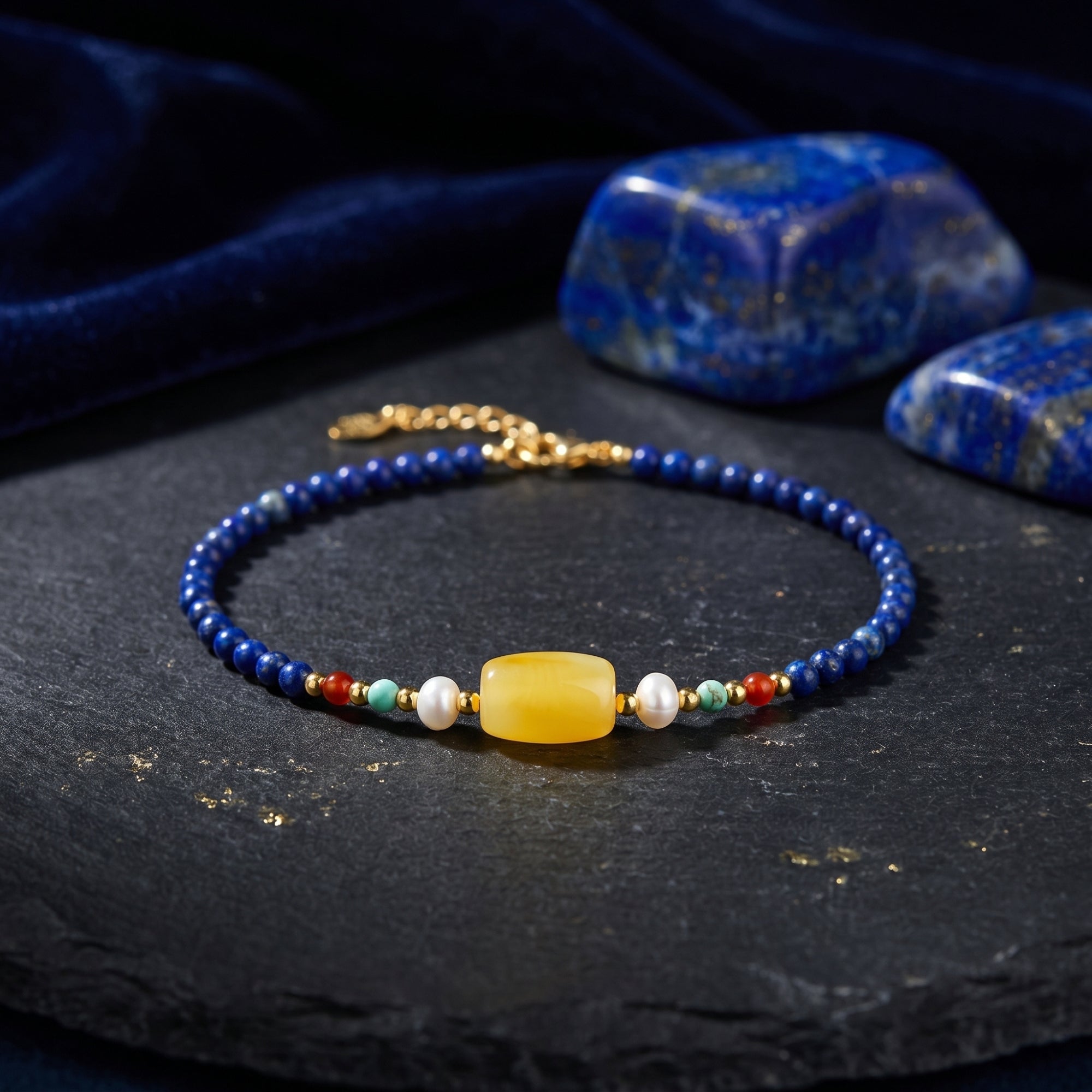 Natural Lapis Lazuli Bead Bracelet – 18K Gold Plated Copper