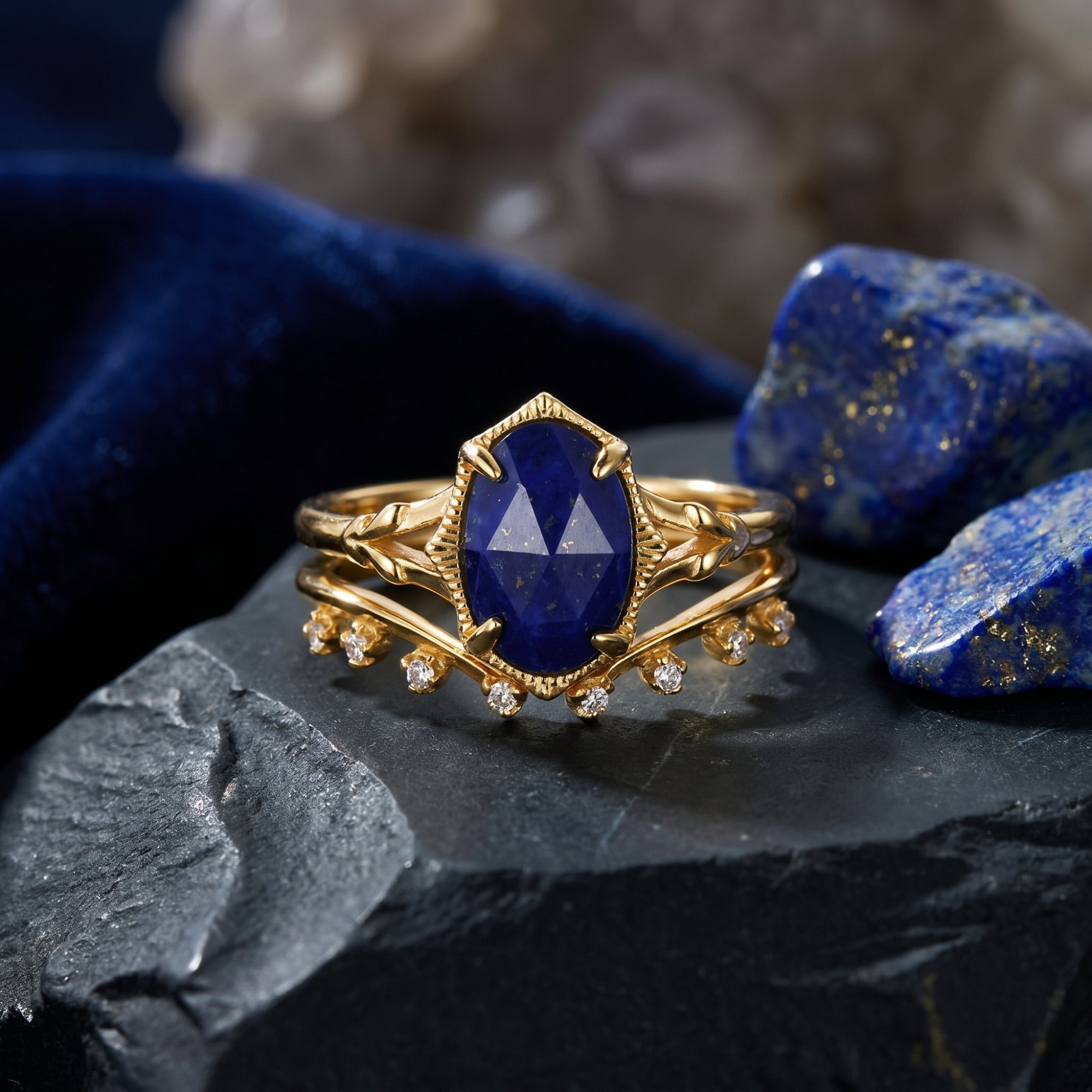 Macro view of the gold plated silver ring with an oval lapis lazuli cabochon and curved accent band.