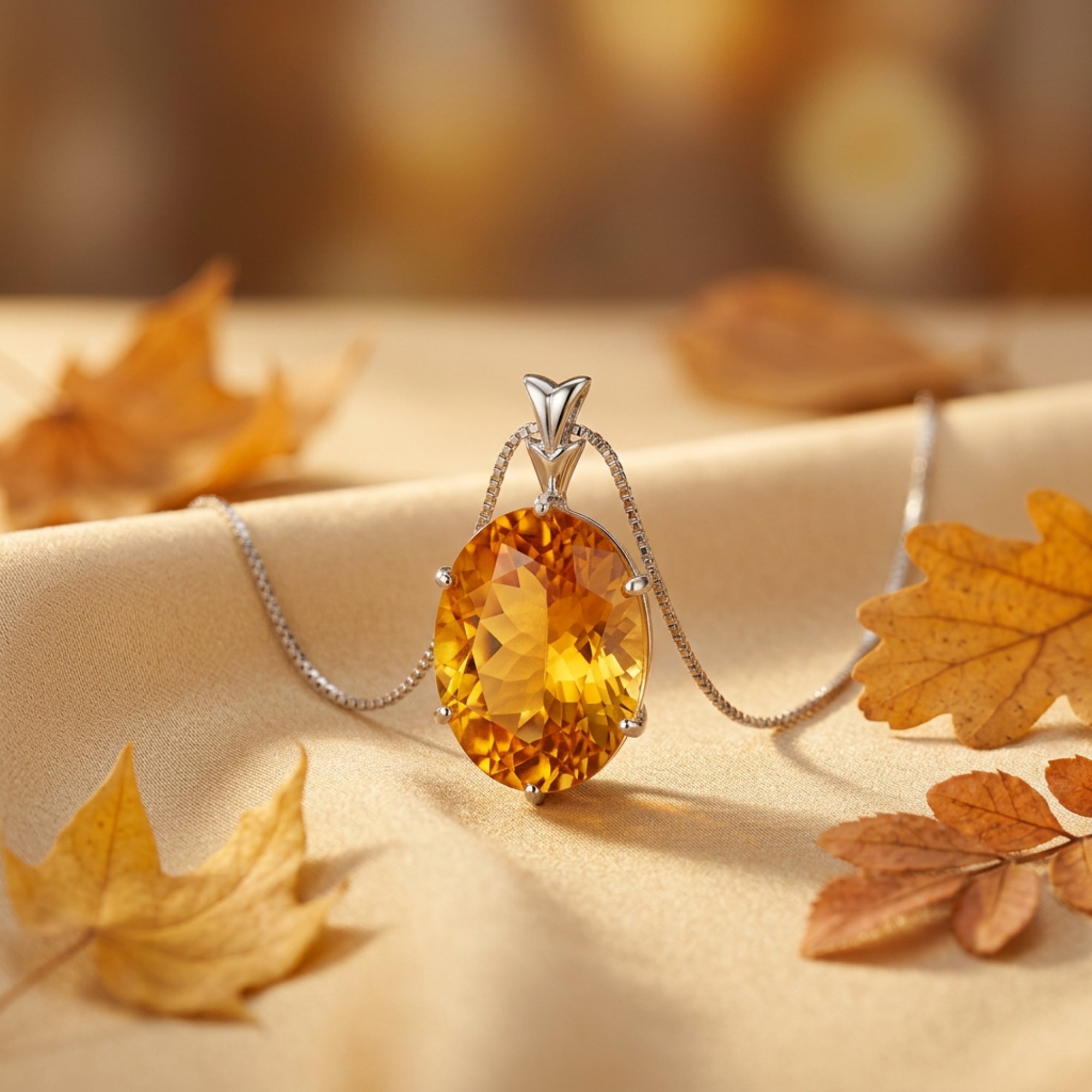 Oval-cut natural citrine pendant on a silver box chain, styled with autumn leaves on a gold fabric background.