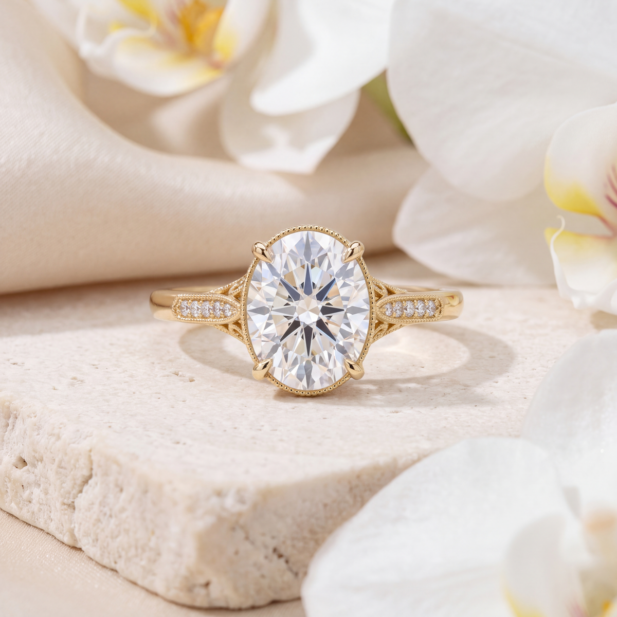 Front view of a vintage-style yellow gold oval moissanite engagement ring with milgrain detailing.
