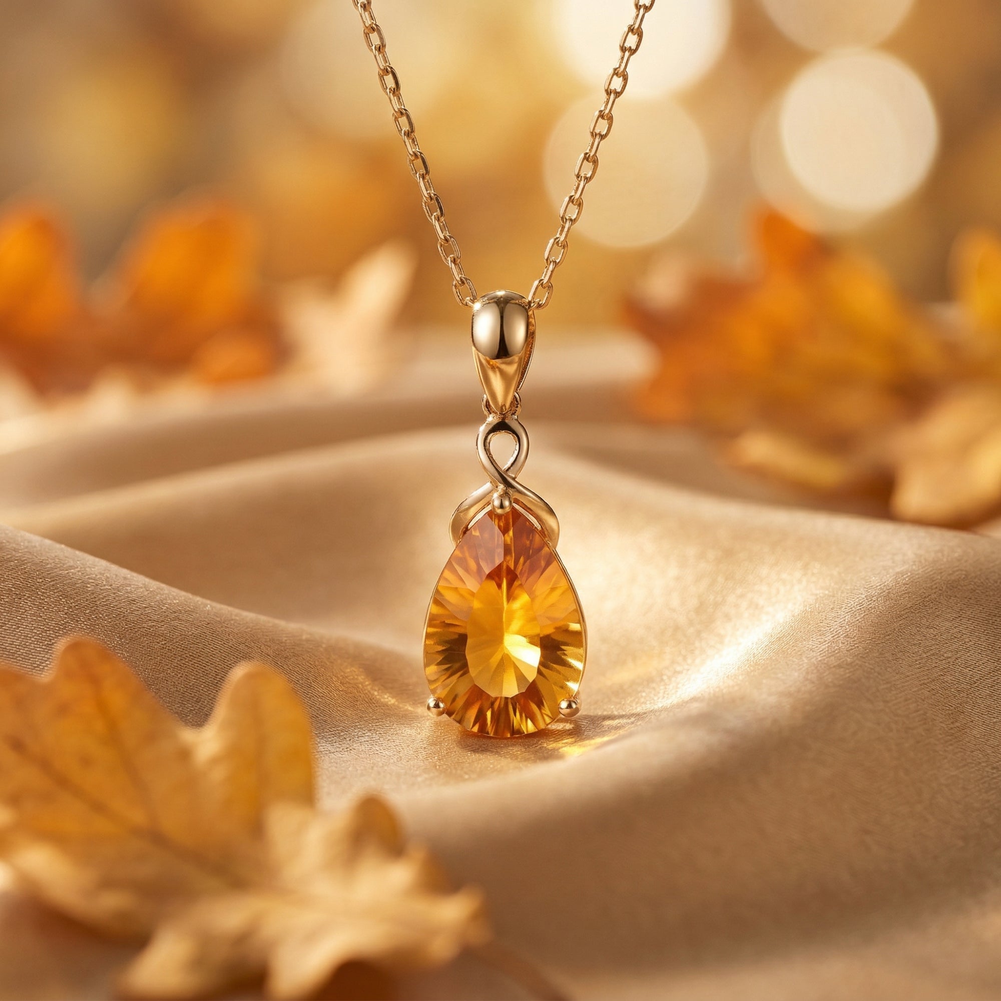 Pear cut citrine pendant in 18K yellow gold on a gold silk background with autumn leaves.