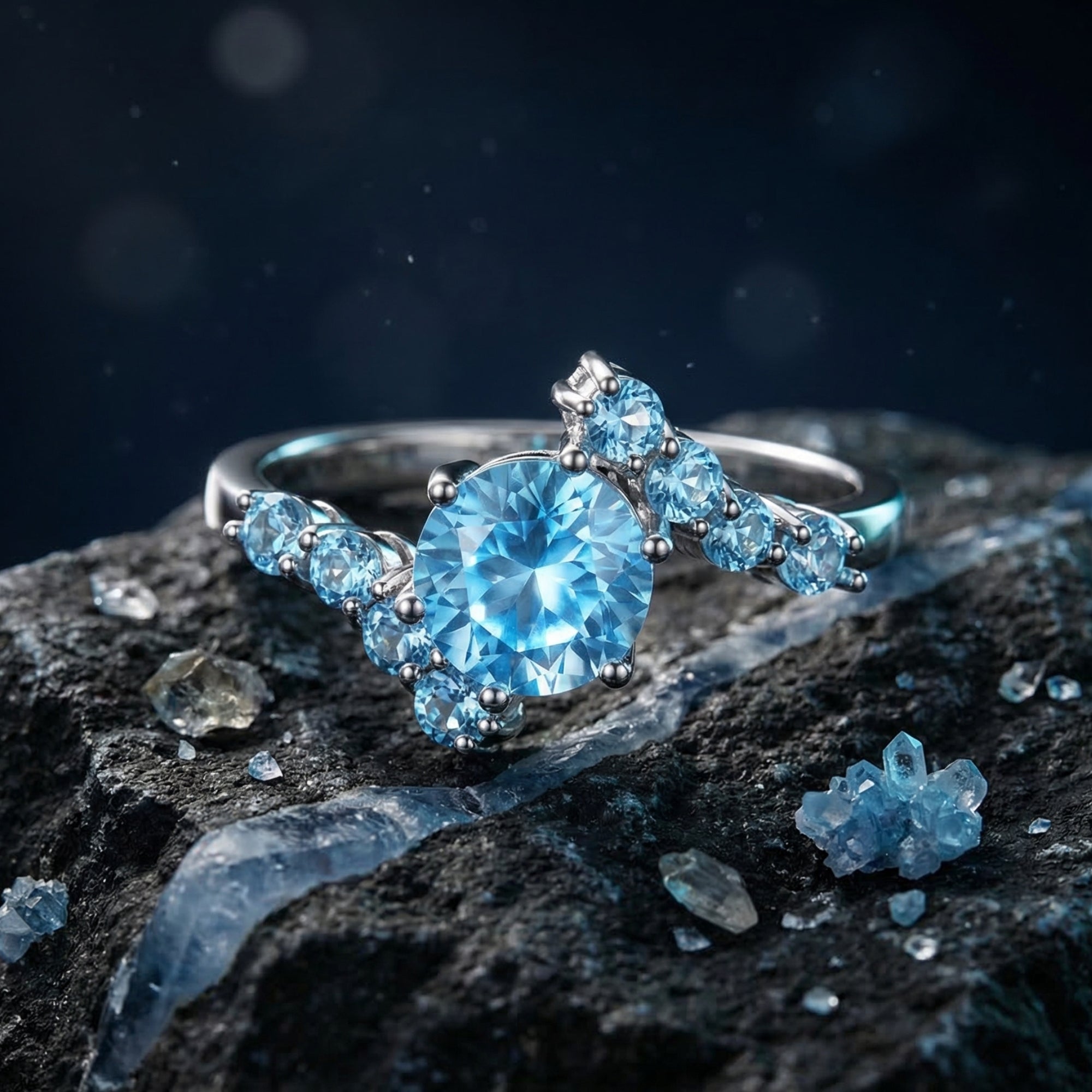 Natural blue topaz round cut ring in sterling silver displayed on dark textured rock with blue crystals.