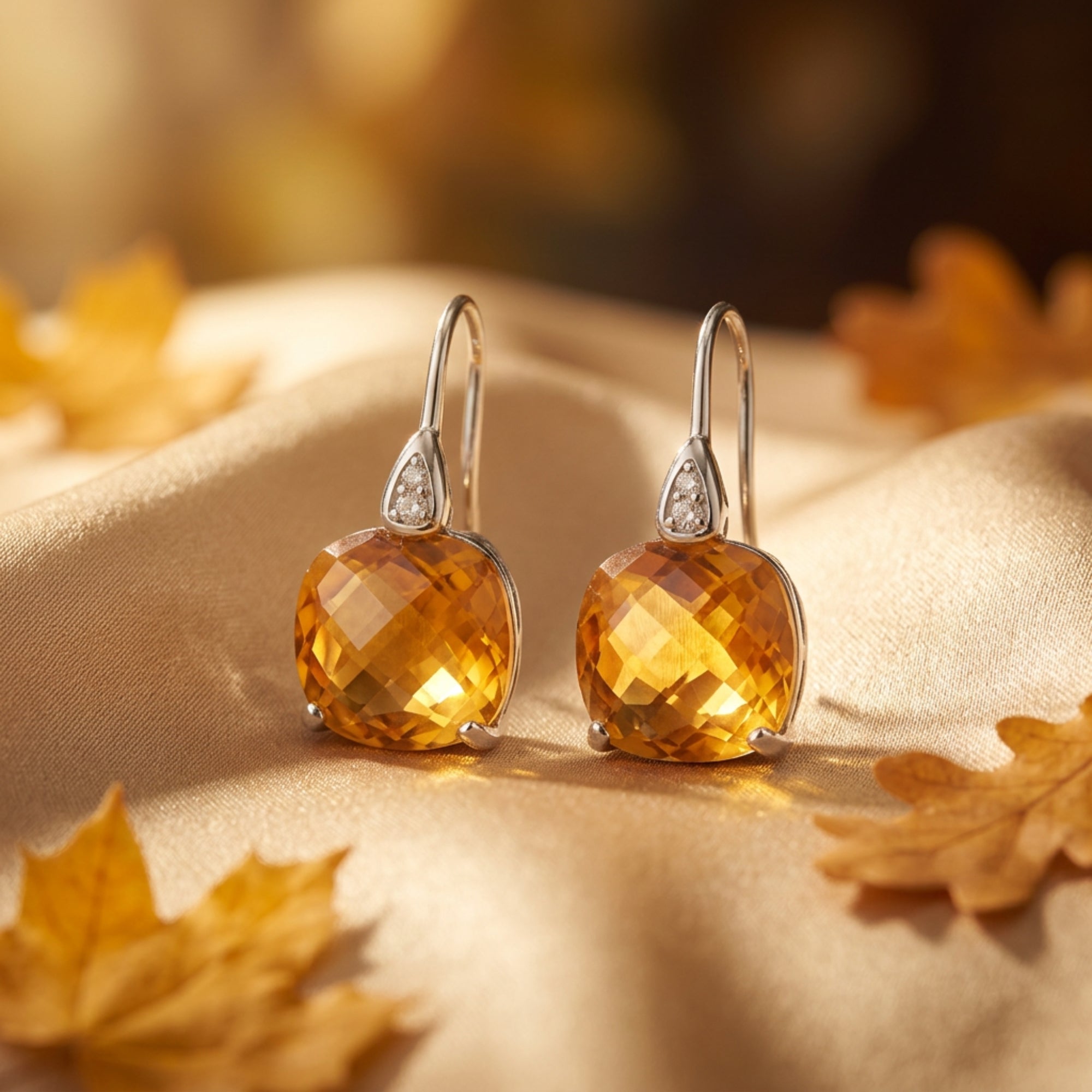 Cushion-cut natural citrine drop earrings in silver on a gold fabric background with autumn leaves.