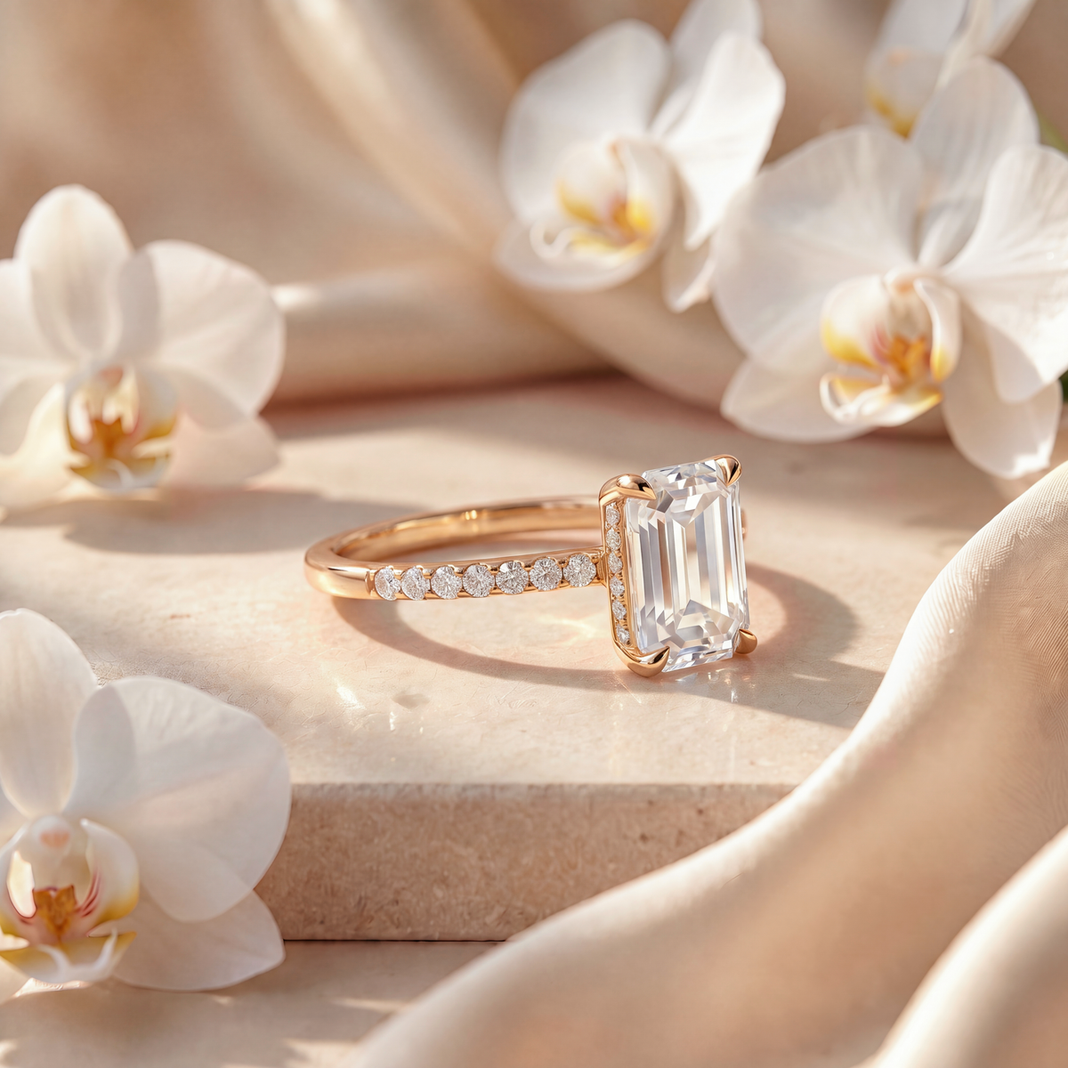 Side view of a yellow gold emerald cut moissanite engagement ring with a pavé band.