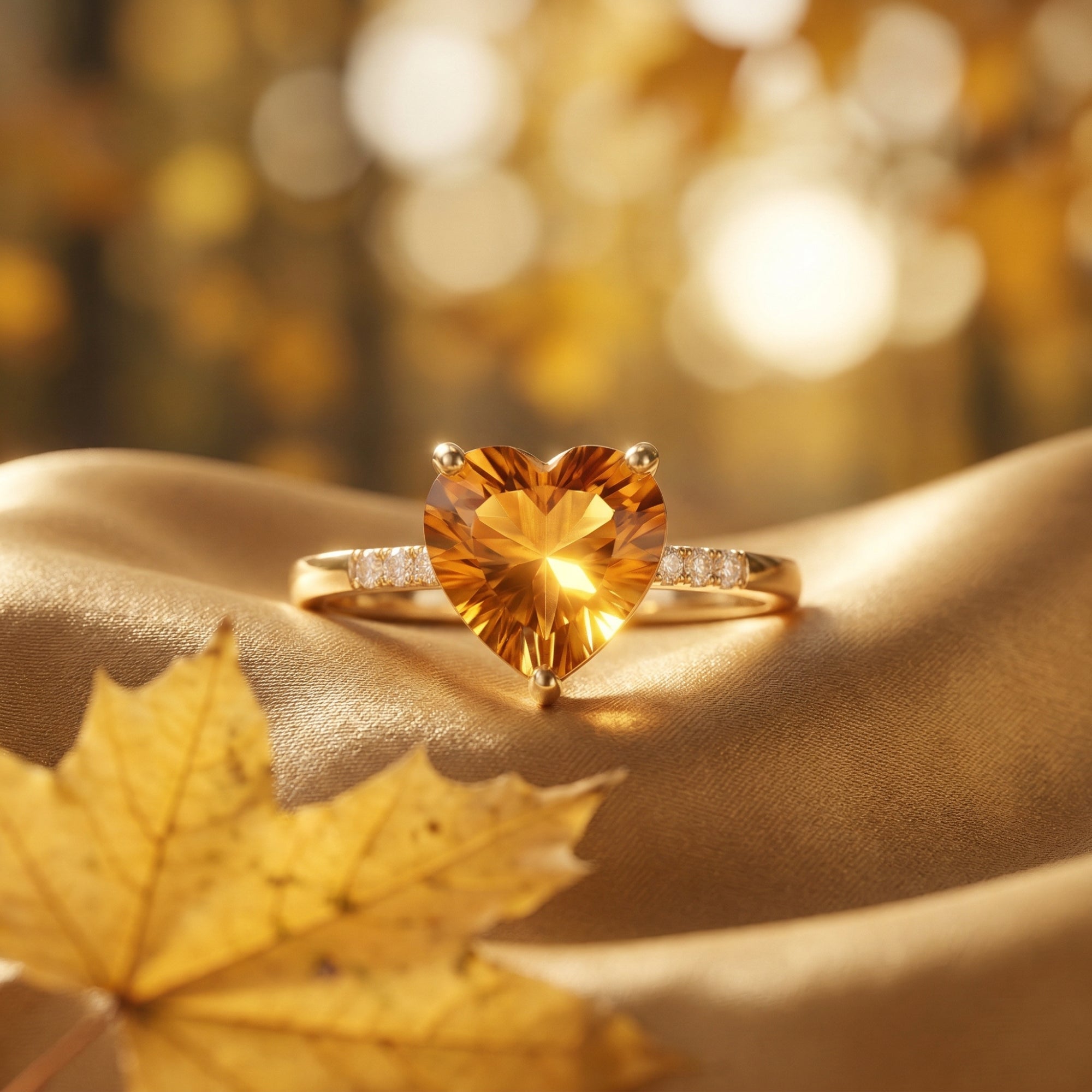 Heart cut natural citrine ring in 18K yellow gold with diamond accents on golden fabric with an autumn leaf.