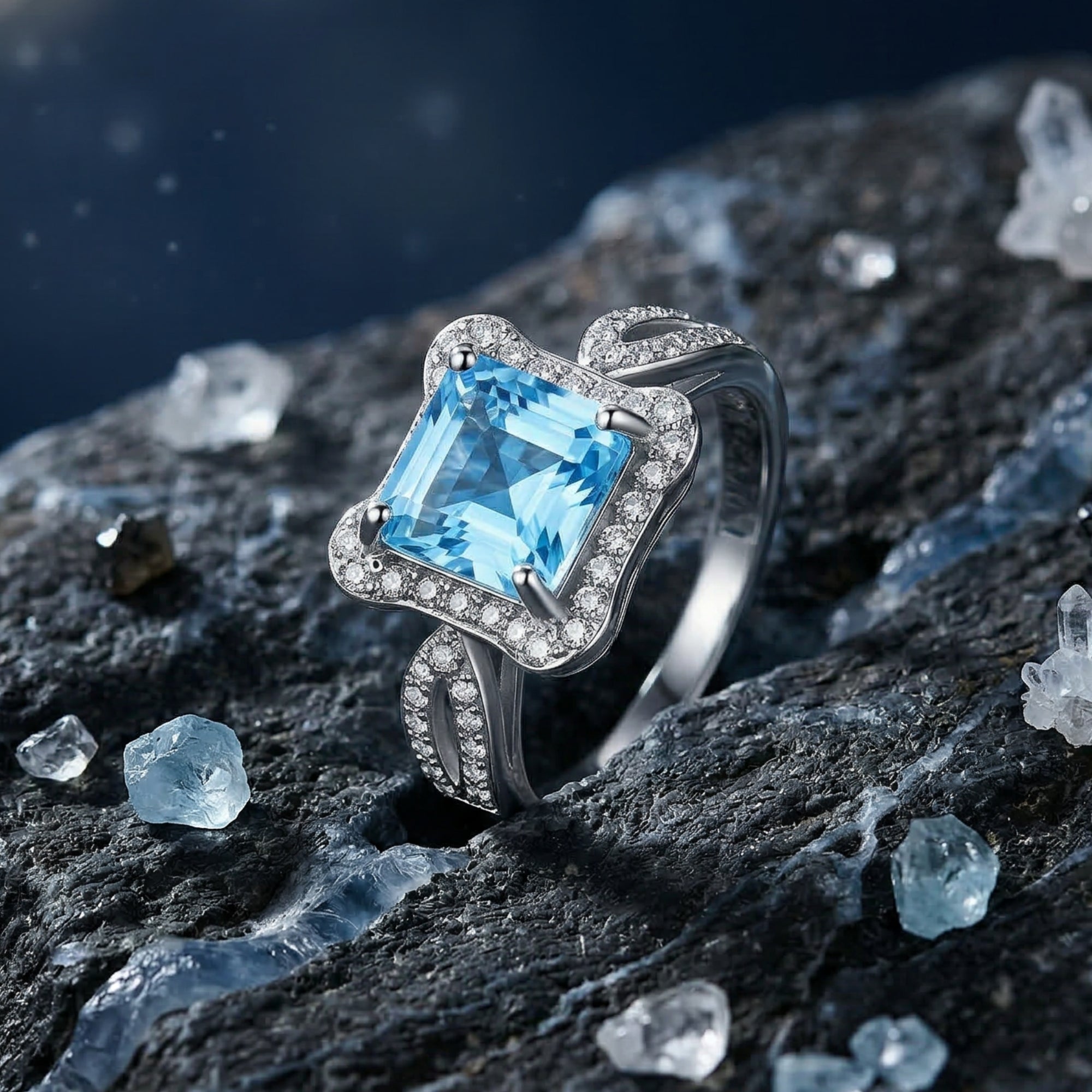 Princess cut Swiss Blue topaz ring in S925 sterling silver on a dark rocky background with crystals.