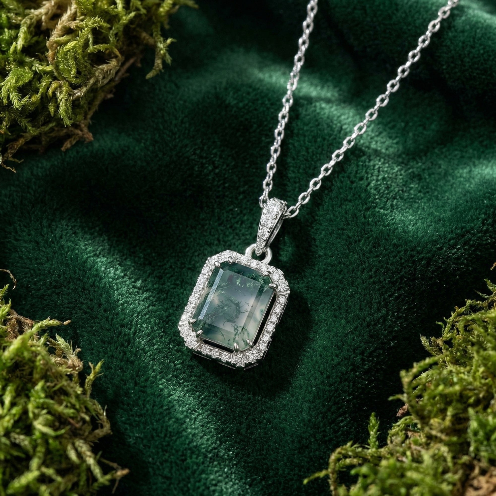 Collier Pendentif Rectangulaire Agate Mousse Bordure Brillante - Argent Sterling S925