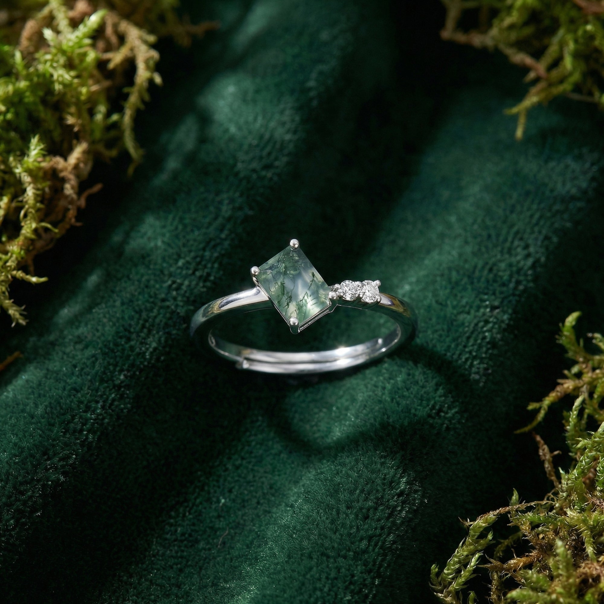 Trio Accent Ring aus natürlichem Moosachat – S925 Sterling Silber