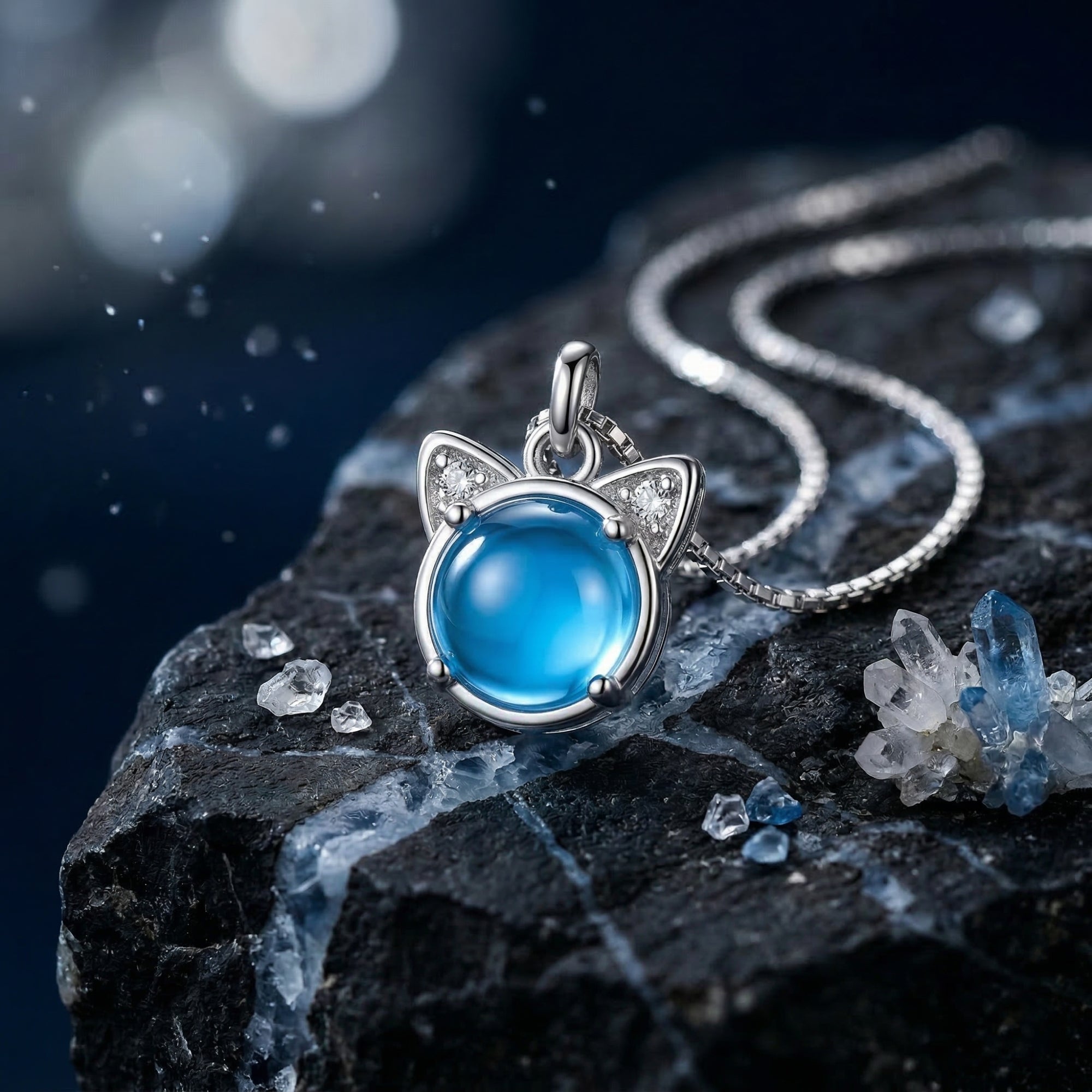 Swiss Blue topaz cat pendant necklace in sterling silver resting on a dark rock with crystals.