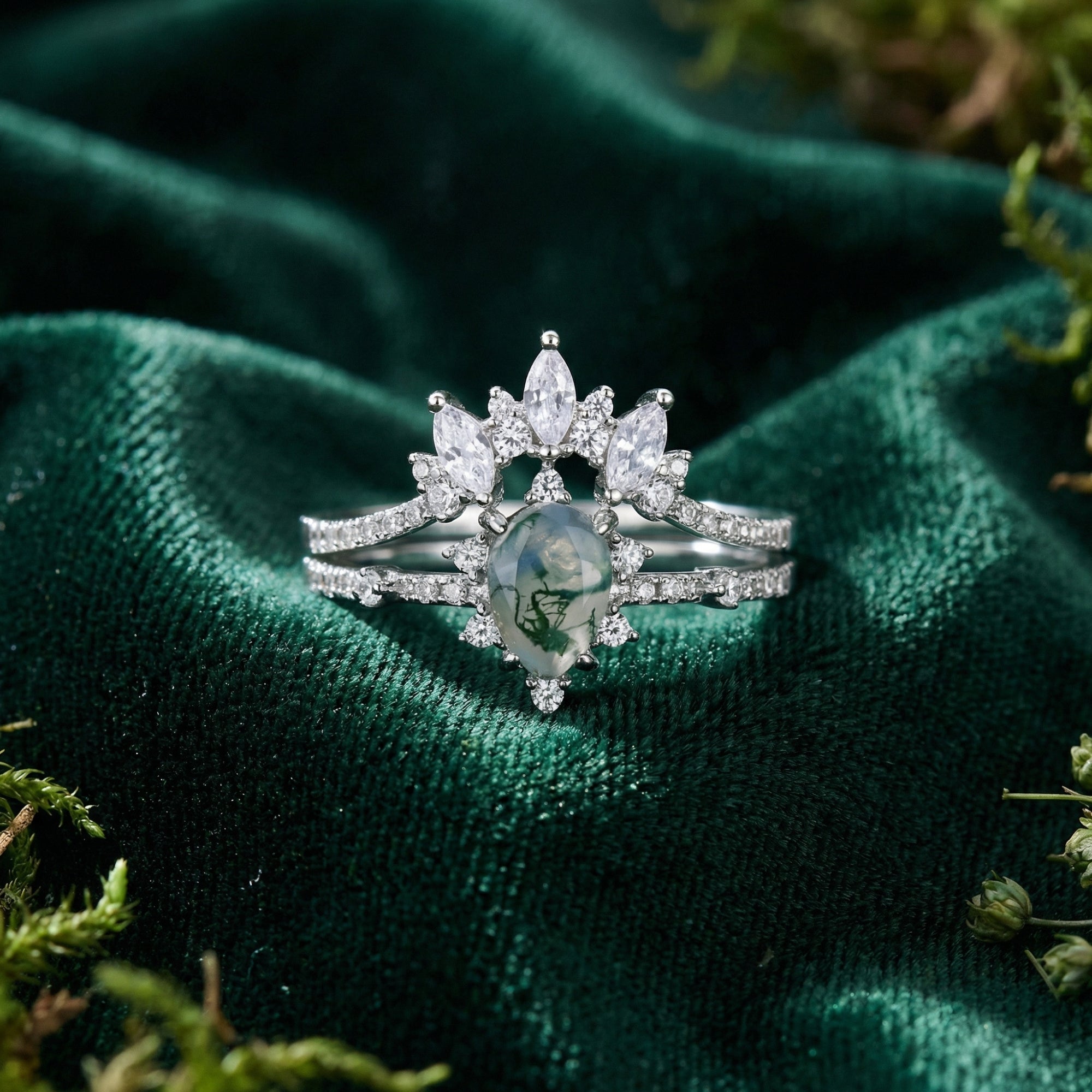 Silberring-Set mit mattiertem Moosachat im Drachenschliff und Marquise-Diamant – S925 Sterling Silber