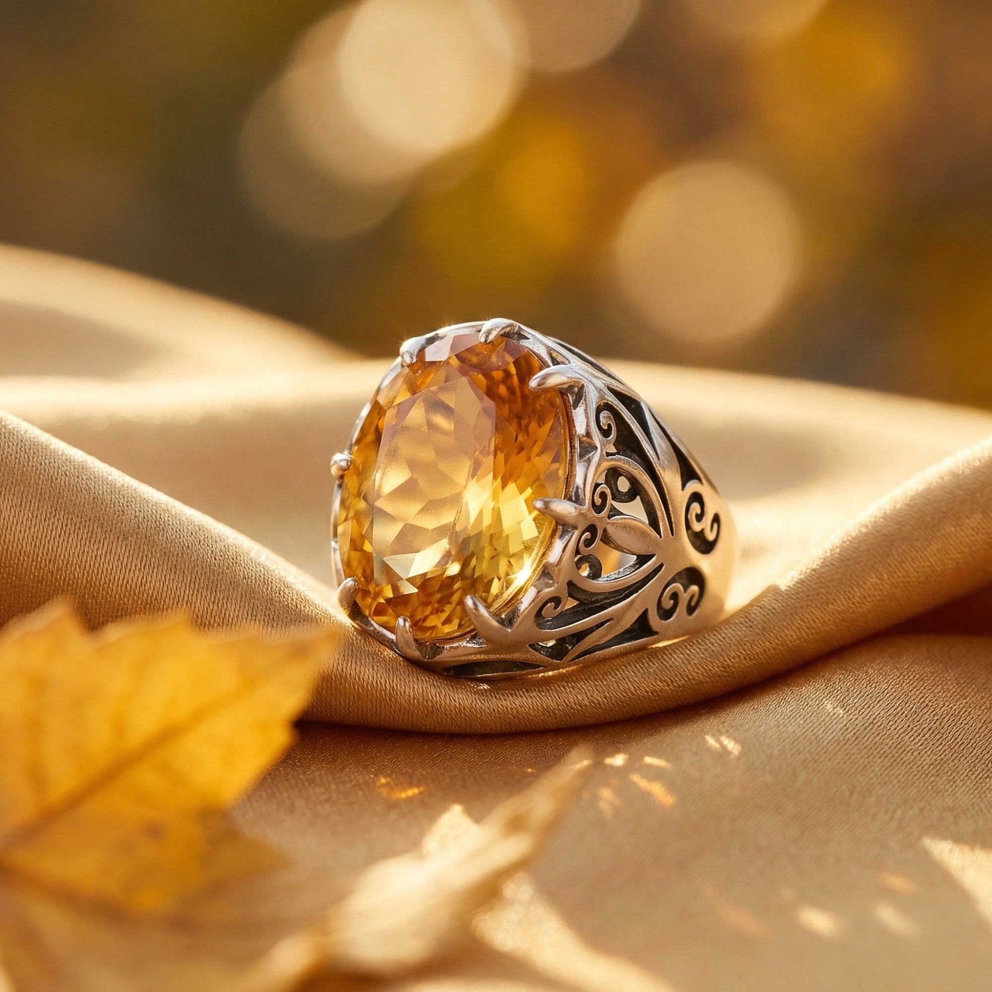 Solarielle sterling silver statement ring with an oval faceted natural citrine, resting on gold fabric with leaves.
