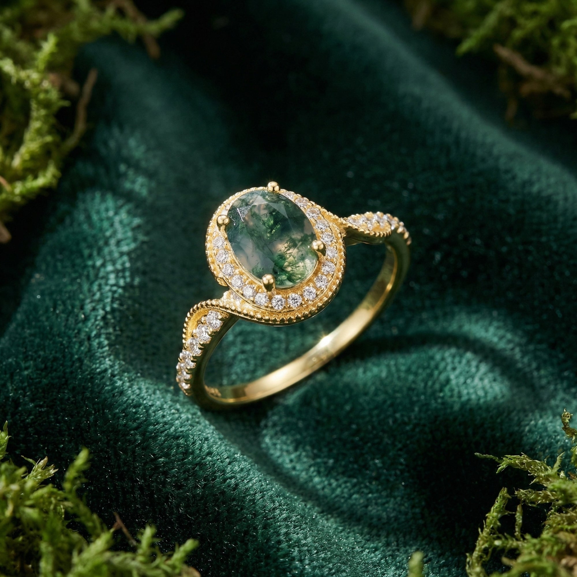 Halo oval cut natural moss agate ring in gold-plated sterling silver on green velvet with moss.