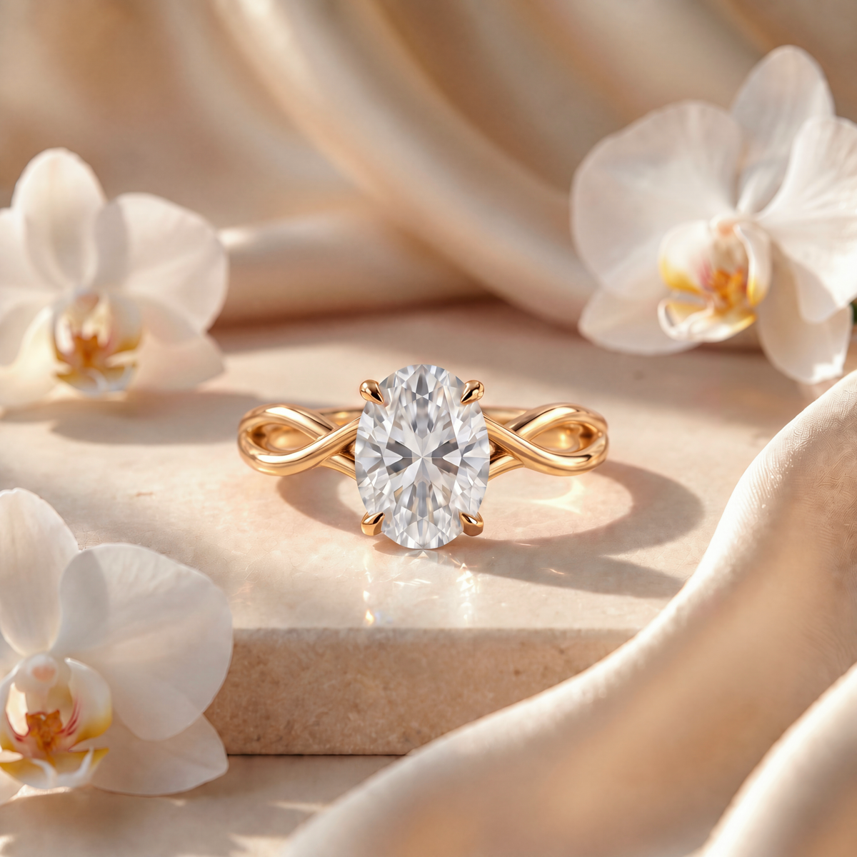 Front-facing view of an oval moissanite engagement ring with a twisted yellow gold band.