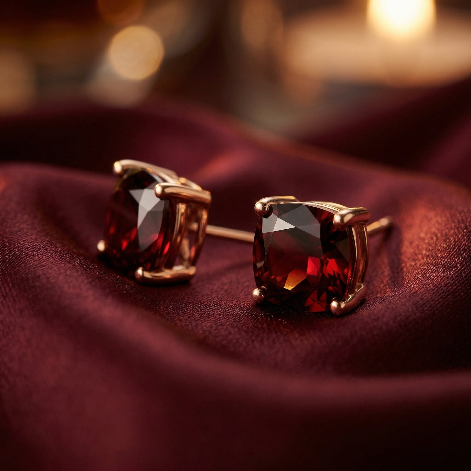 Cushion cut red garnet stud earrings in 18K rose gold resting on elegant burgundy fabric.