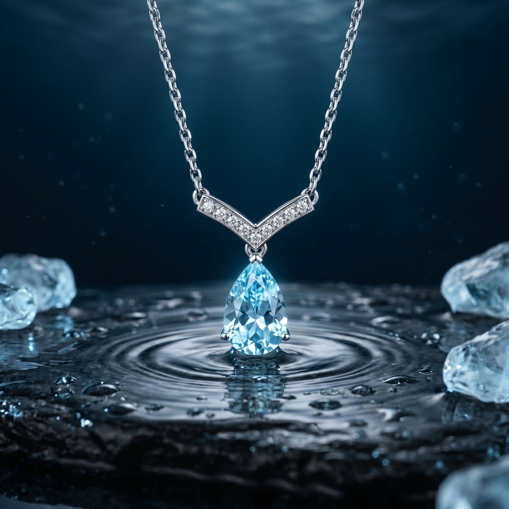 Pear cut aquamarine pendant in platinum with diamond V-bail, suspended over rippling water in a lifestyle scene.