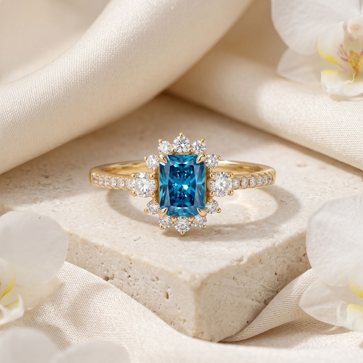 Front view of yellow gold radiant-cut blue moissanite engagement ring with diamond halo on stone display.