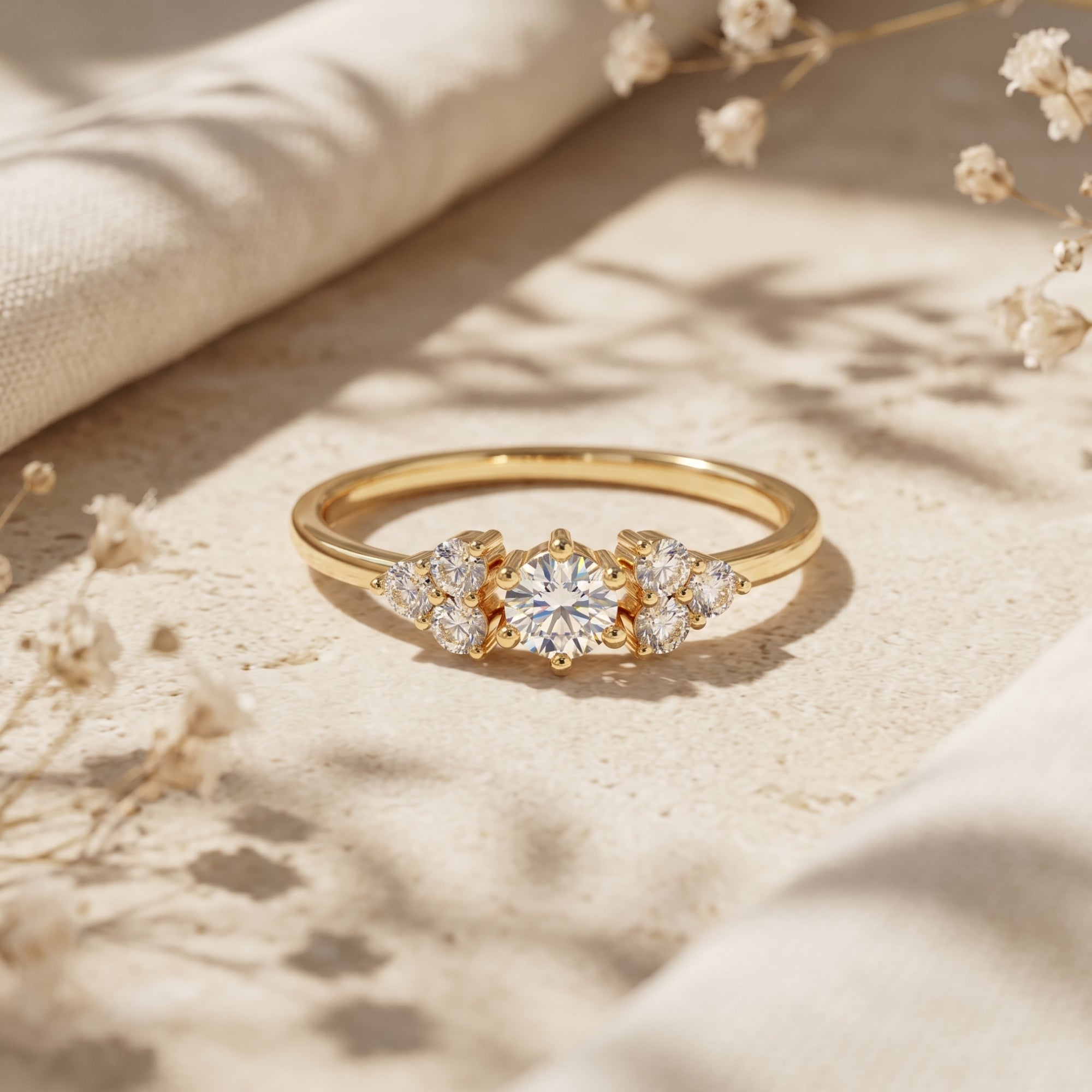 Yellow gold Aurestria promise ring with a 1CT round moissanite center stone on a styled stone surface.