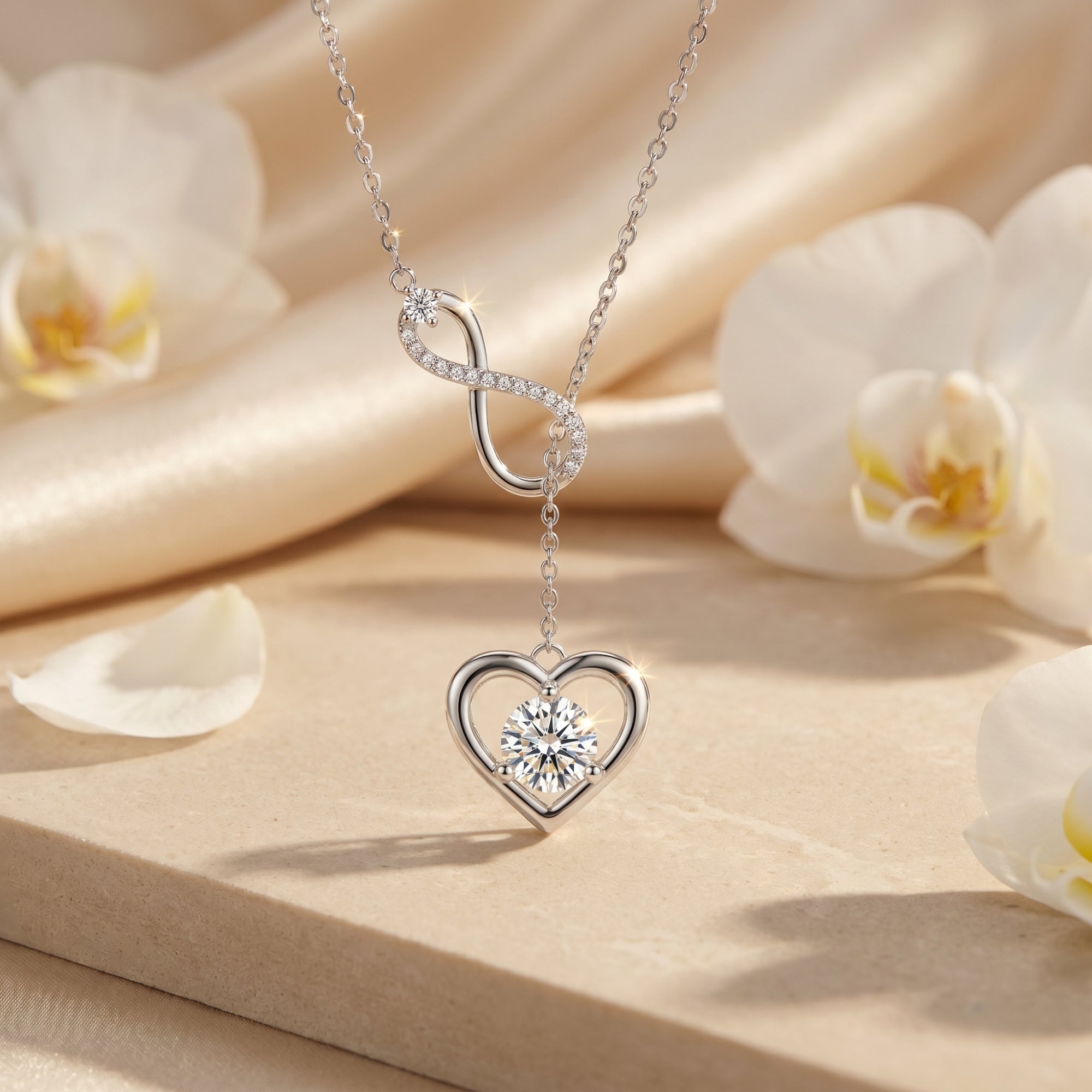 Silver infinity heart necklace with a round moissanite pendant displayed on silk with white flowers.