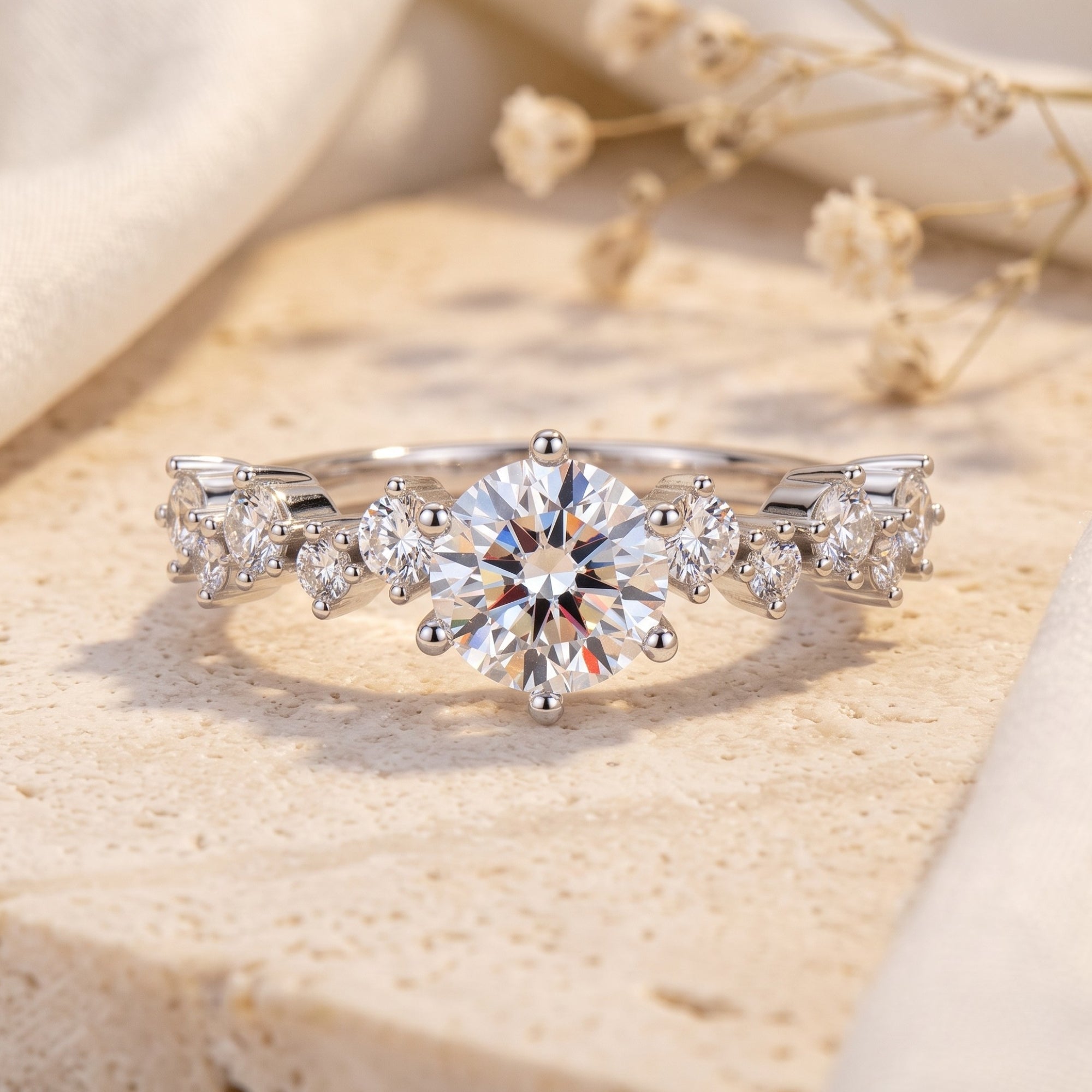 Aura cluster tiara ring in S925 silver with round cubic zirconia on stone.