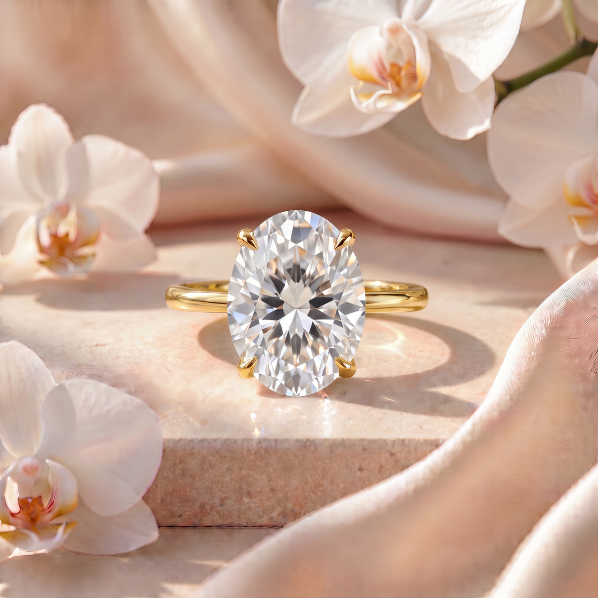 Yellow gold oval moissanite solitaire engagement ring styled on a marble pedestal surrounded by white orchids.