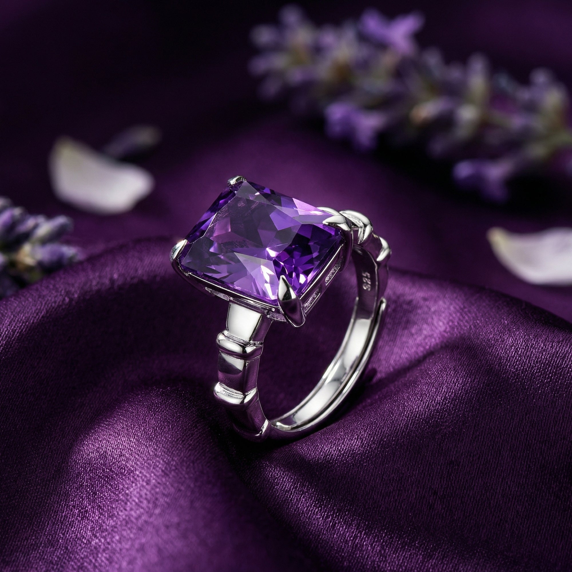 Square cut amethyst ring in S925 sterling silver resting on purple silk with lavender sprigs.