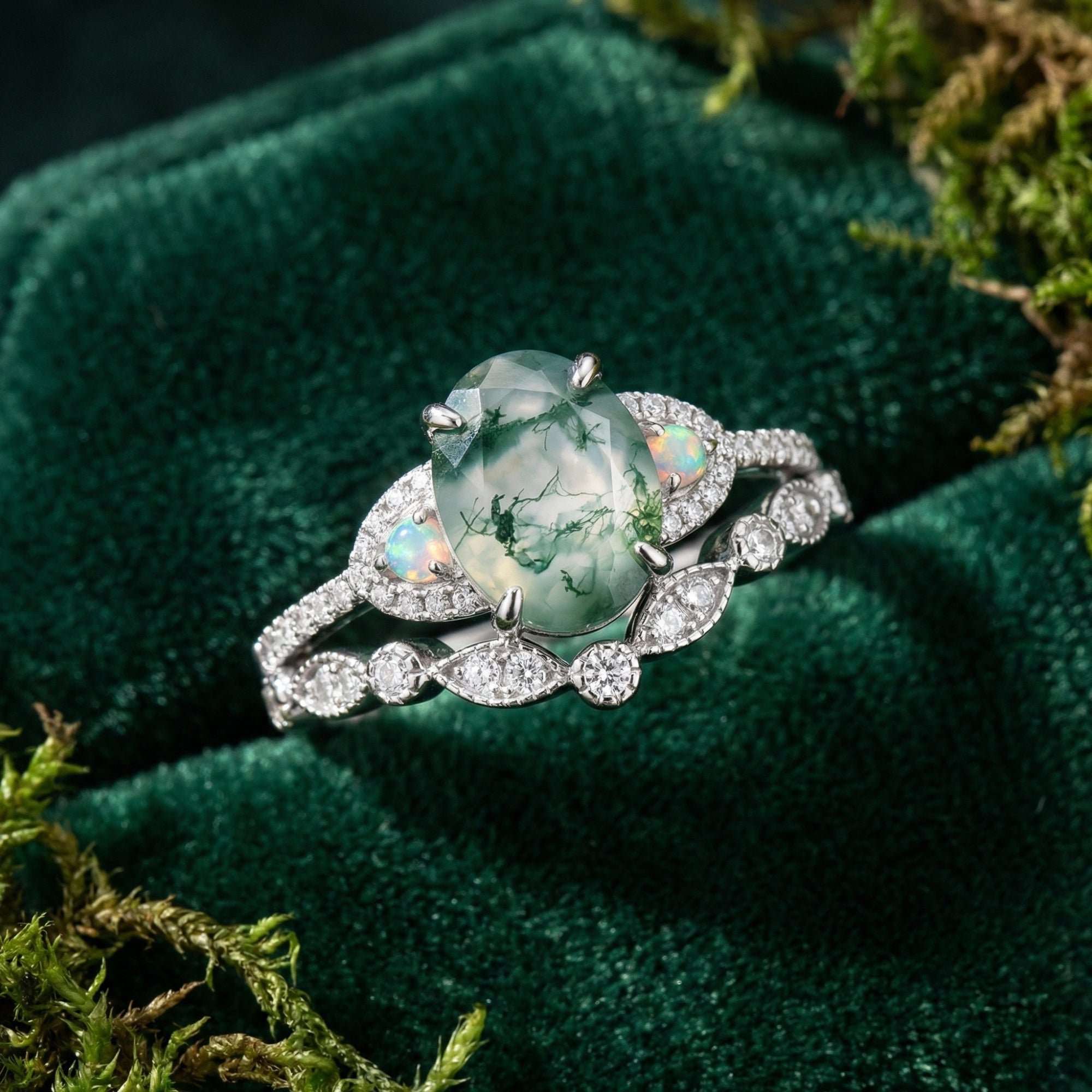 Oval cut moss agate and opal ring set in sterling silver on a green velvet background with moss.