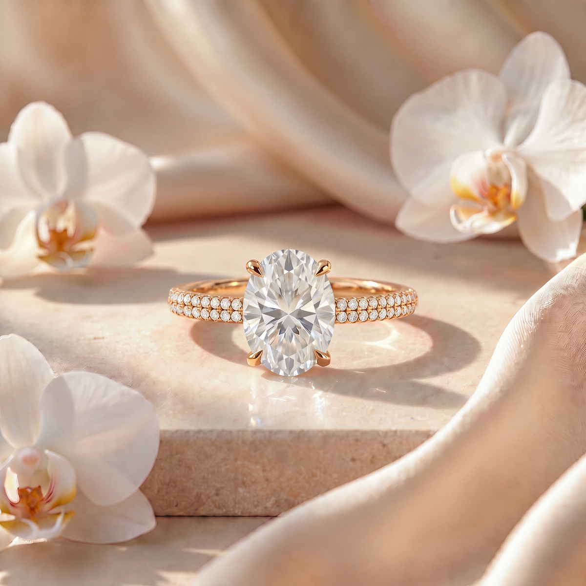Gold oval moissanite engagement ring with a double-row pave band displayed on a marble surface.
