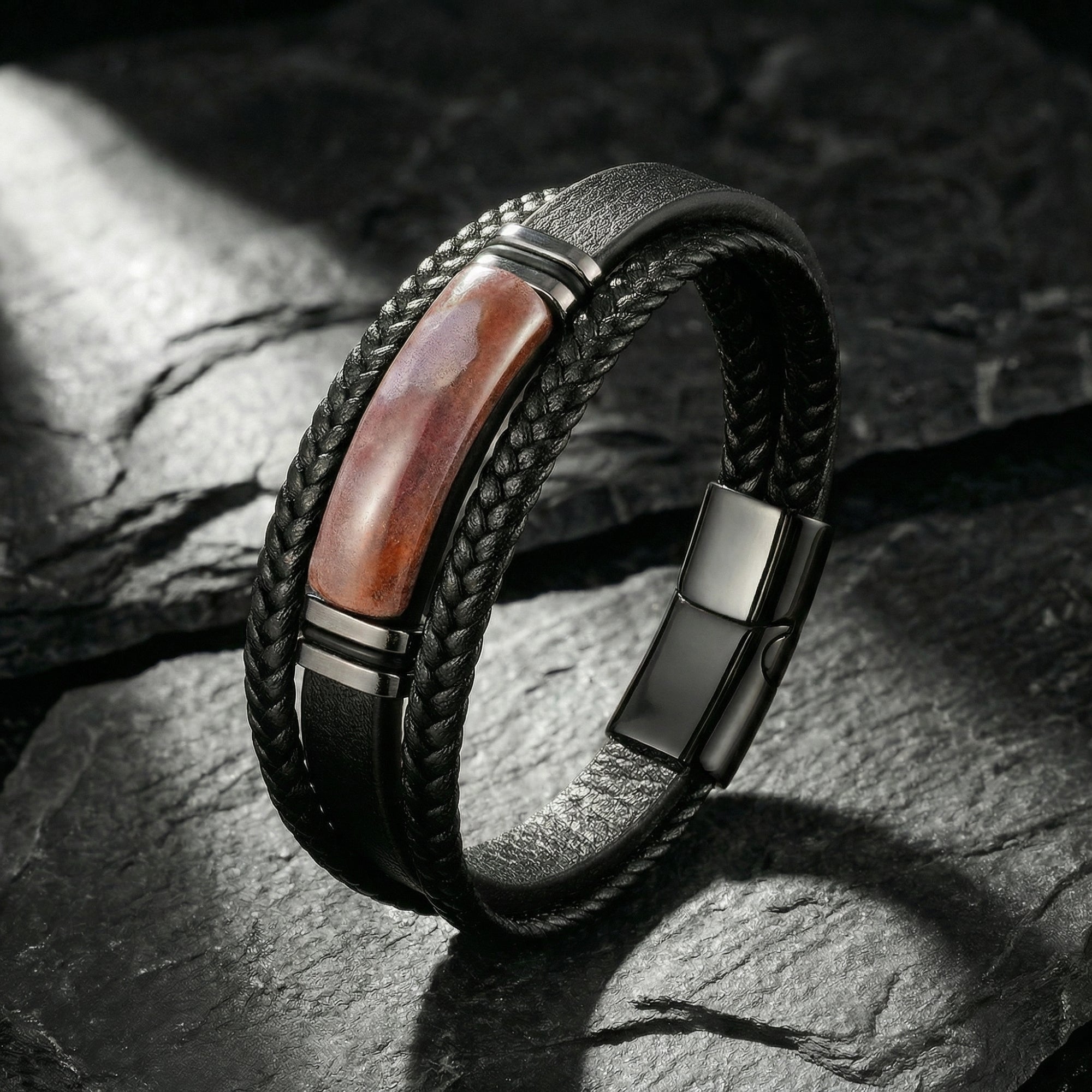 Apex black braided leather bracelet with a reddish-brown stone inlay and black stainless steel on dark rock.