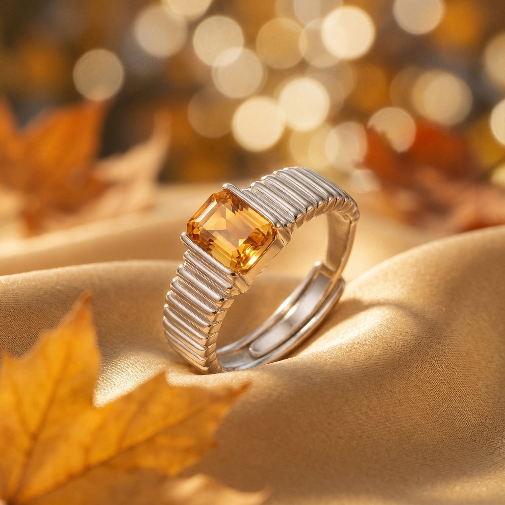 Emerald-cut natural citrine ring in sterling silver displayed on gold fabric with autumn leaves.