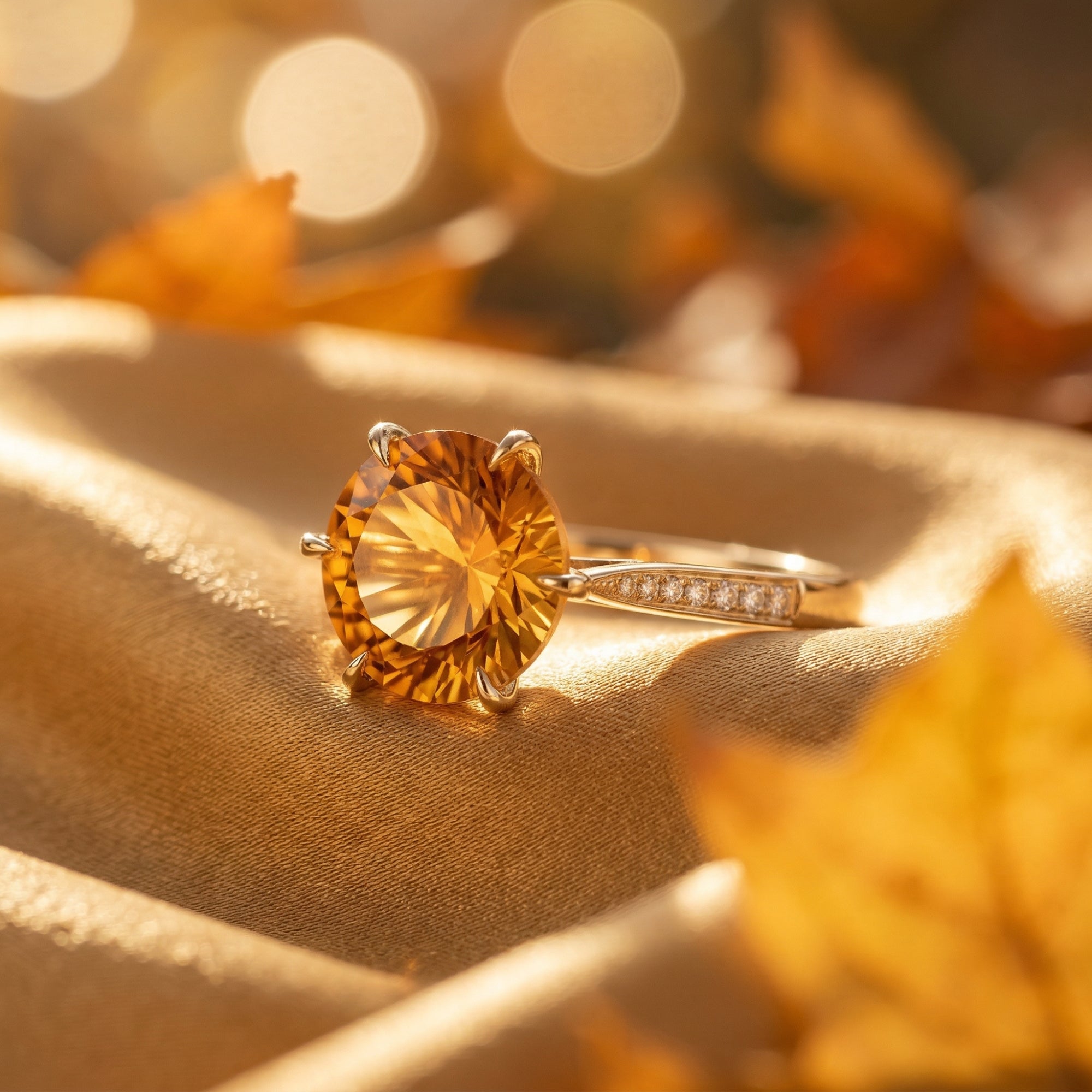 Round cut citrine ring in 18K yellow gold with diamond band, resting on gold silk among autumn leaves.