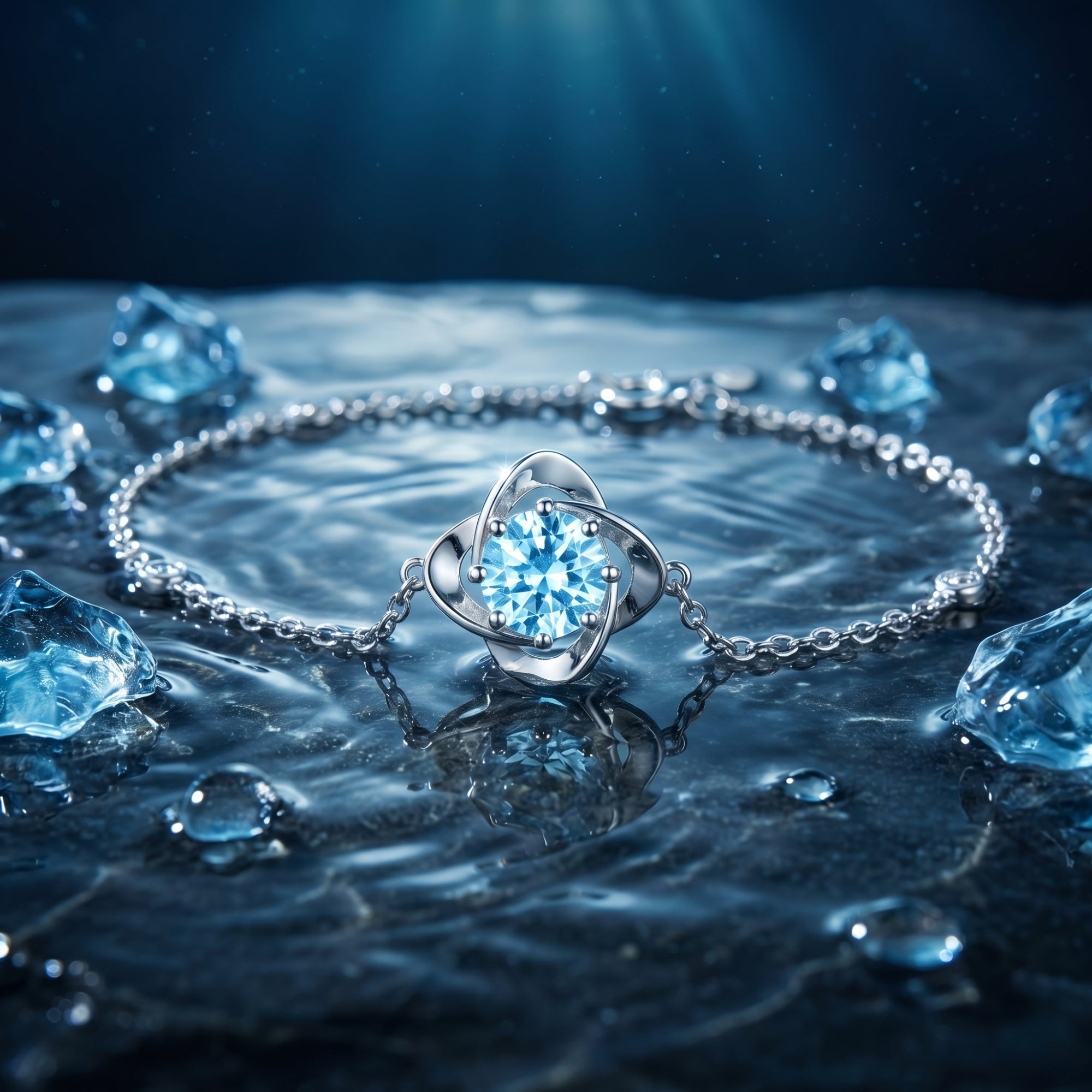 Top view of the round cut aquamarine platinum bracelet on a dark watery surface with blue ice crystals.