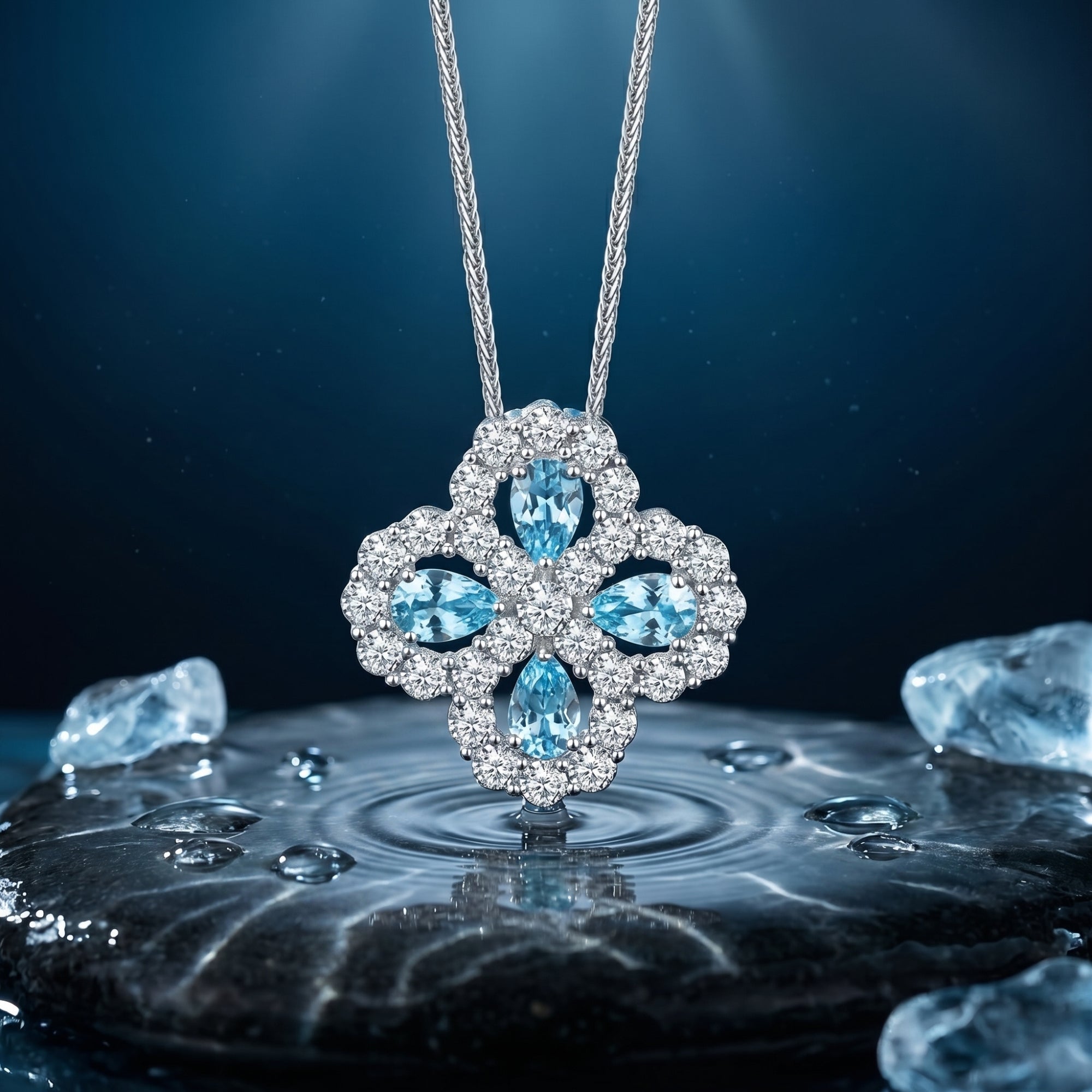 Pear cut aquamarine floral pendant in sterling silver, styled over water ripples and dark stones.
