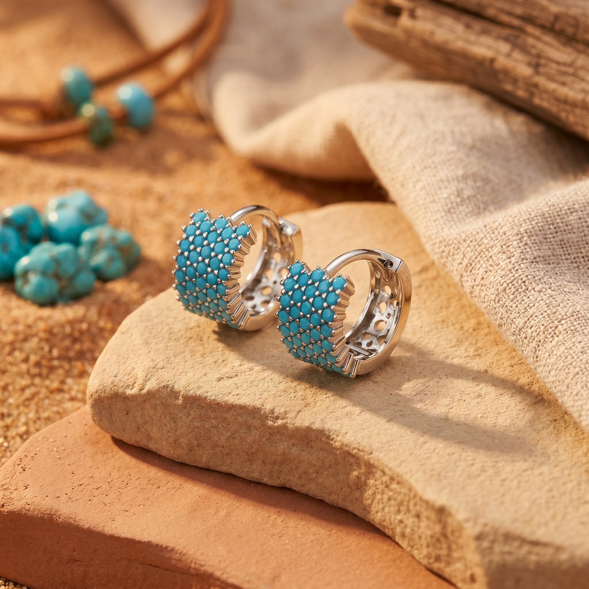 Sterling silver huggie earrings with turquoise cabochons displayed on a desert rock with sand and fabric.