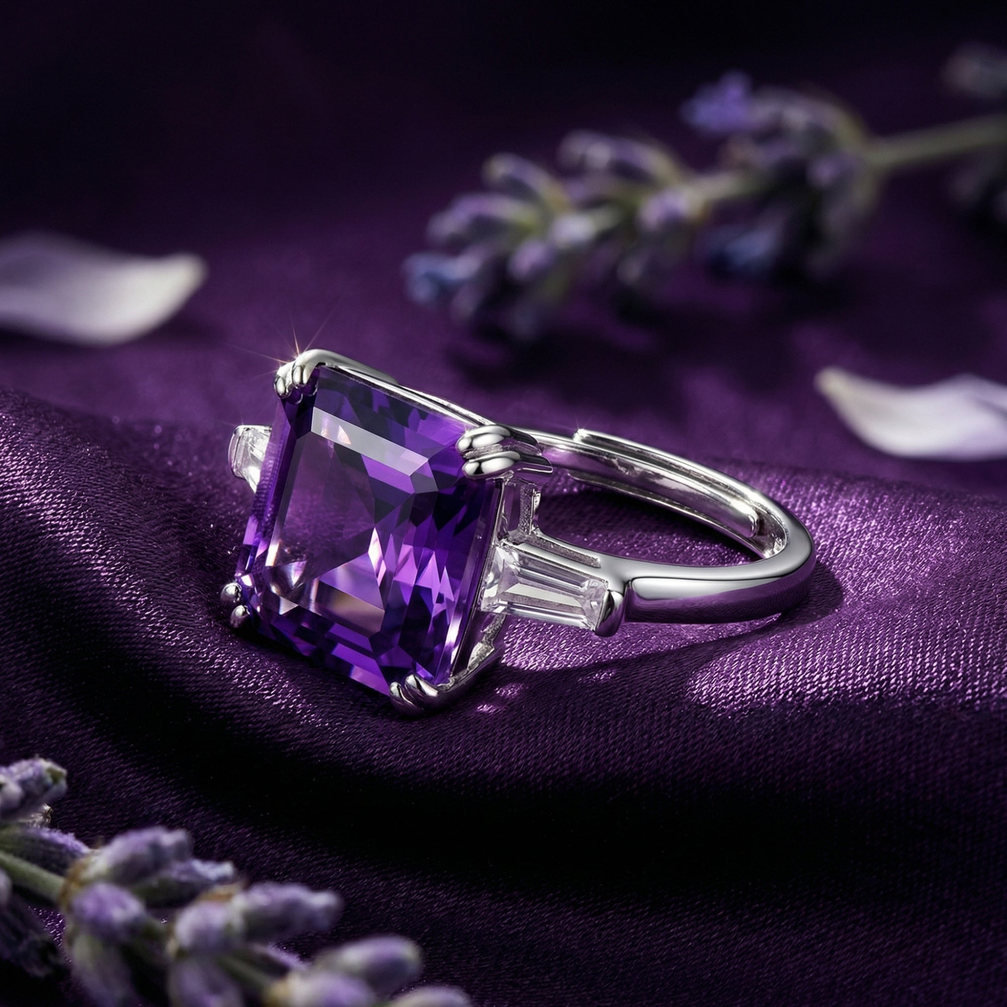 Detail of the square cut amethyst ring in sterling silver showing baguette side stones and adjustable band.