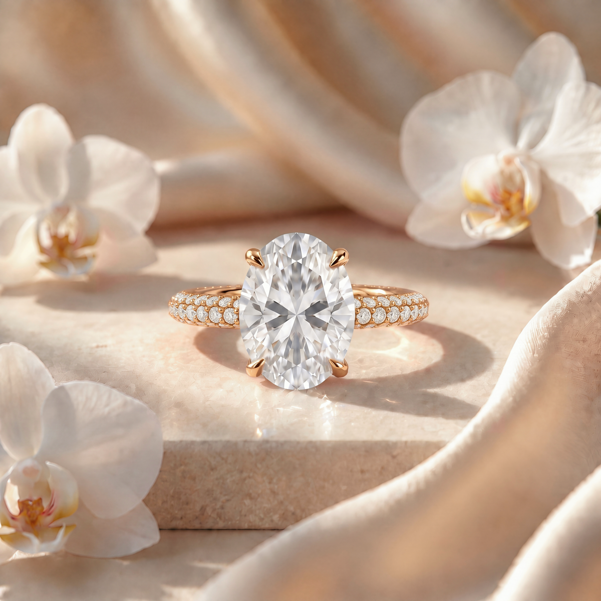 An oval-cut moissanite engagement ring featuring a multi-row pavé band set in yellow gold, displayed on marble with white orchids.